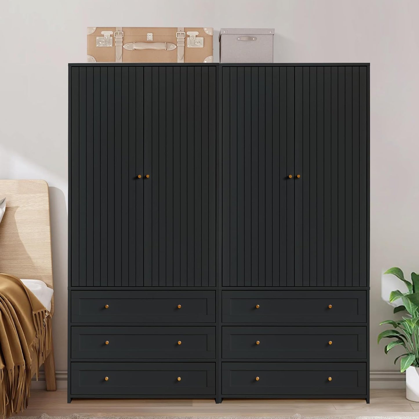 Armoire Wardrobe Closet with 4 Doors and 6 Drawers, 70.87" Tall Wooden Clothes Closet Wardrobe Cabinet, Freestanding Bedroom Storage Armoire for Hanging Clothes, 2-Piece (Black)