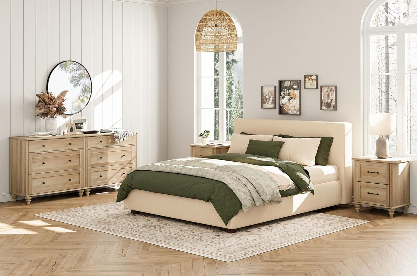 WAMPAT 4 Piece Bedroom Set, Set of 2 Wooden Dressers with 3 Drawers, Set of 2 Rattan Bedside Table Side Tables with Charging Station, 4 Piece Dresser and Nightstand Sets, Oak