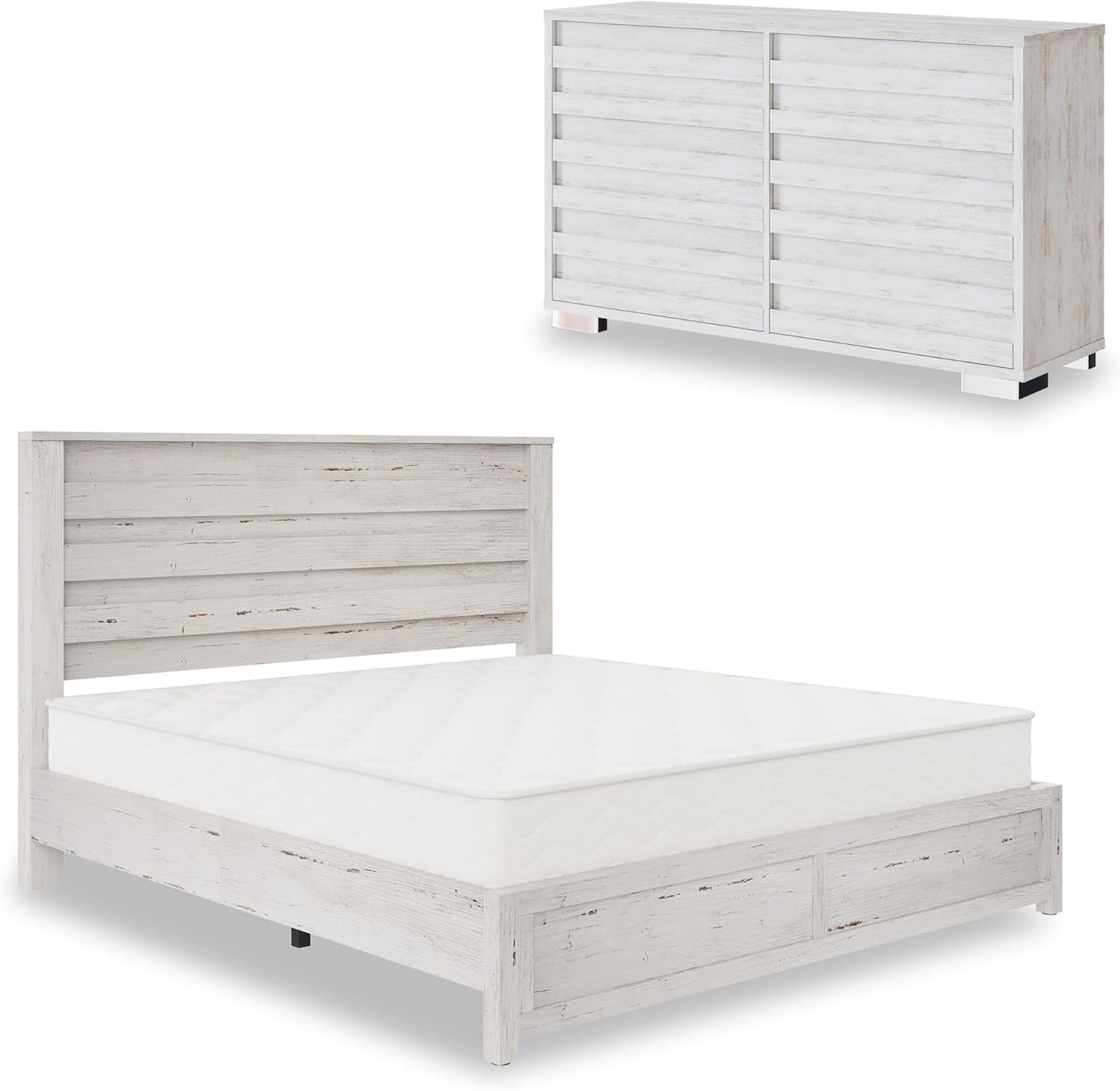 AMERLIFE 2-Piece Farmhouse Bedroom Set, Queen Size Bed Frame and 6 Drawer Dresser, Platform Bed with 49" Fluted Headboard, 54" Wide Wood Chest of Drawer for Bedroom, Distressed White