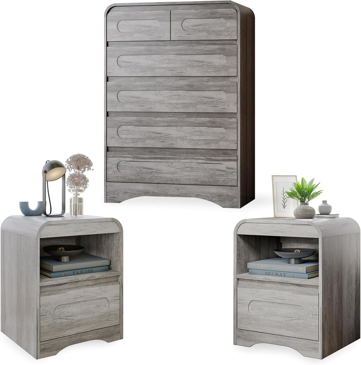 4 Pcs Bedroom Set, Dresser and Nightstand Sets, Including Modern Wooden Tall 6 Drawer Dressers, Wide 6 Drawers Dresser & Night Stand Set of 2 for Bedroom, Black