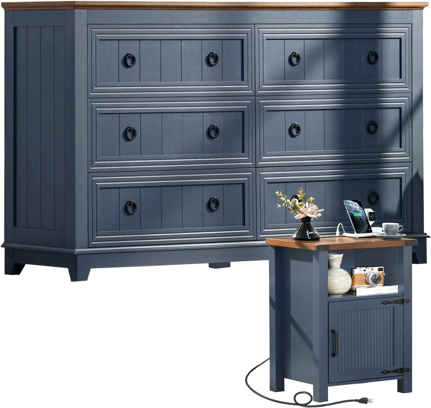 Farmhouse Dresser and Nightstand Sets 3 Piece, Furniture Set 18" Night Stand with Charging Station and 6 Drawers Dressers for Bedroom, 54" Dresser and Nightstand Set for Bedroom, Living Room