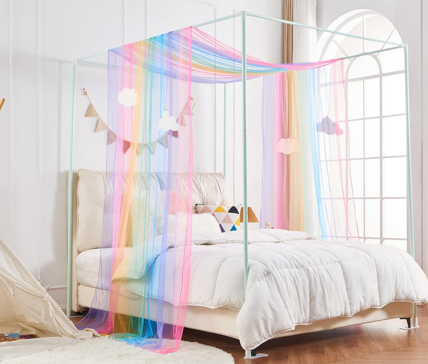 White Canopy Bed Curtain for Queen Bed, Soft Bed Canopy Scarf for Girls Adults (Full/Queen, White)