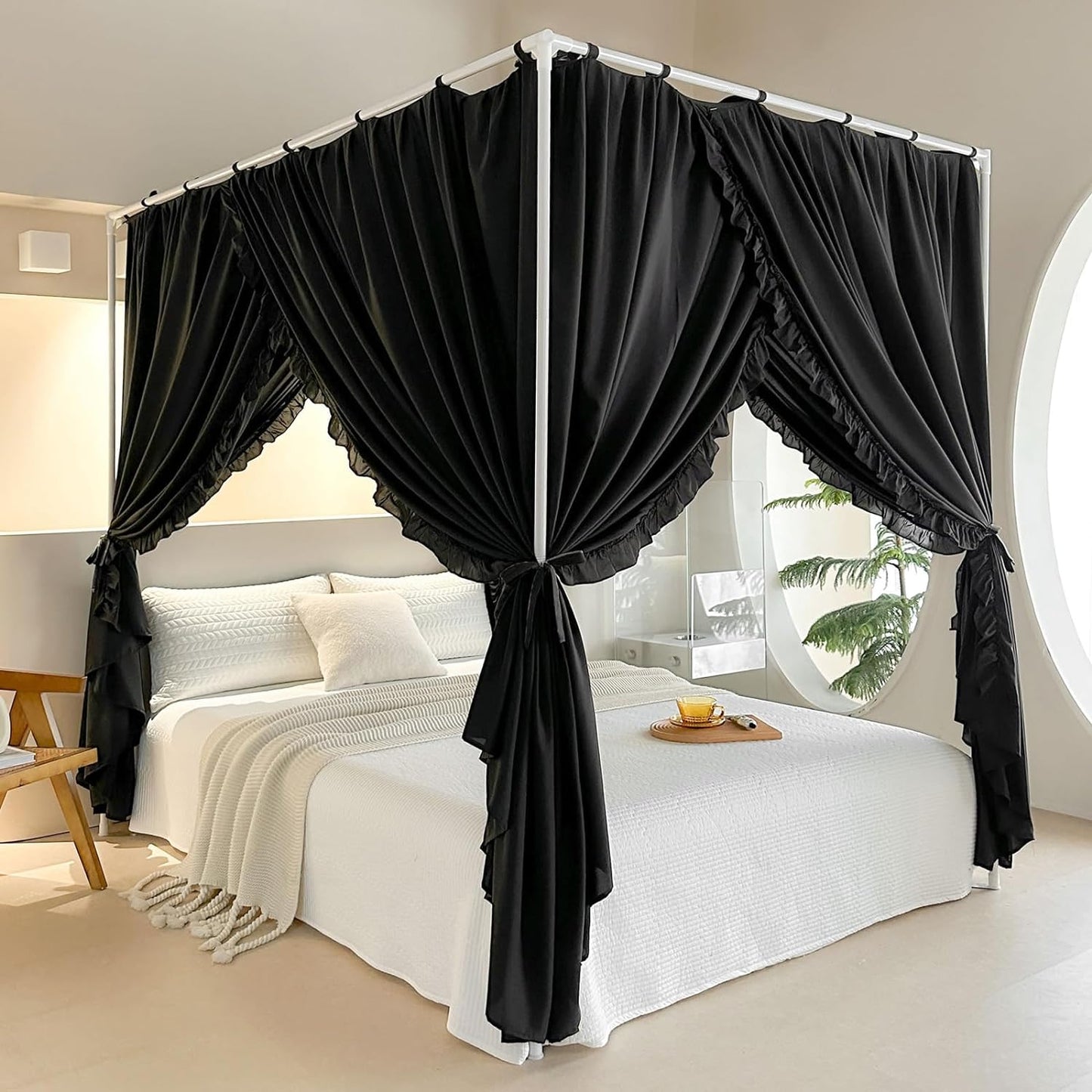 AIKASY Princess Canopy Bed Curtains with Top Ties - Windproof & Lightproof for Girls' Adult Bedroom Decor | Bed Canopy Drapes (Full,Khaki)