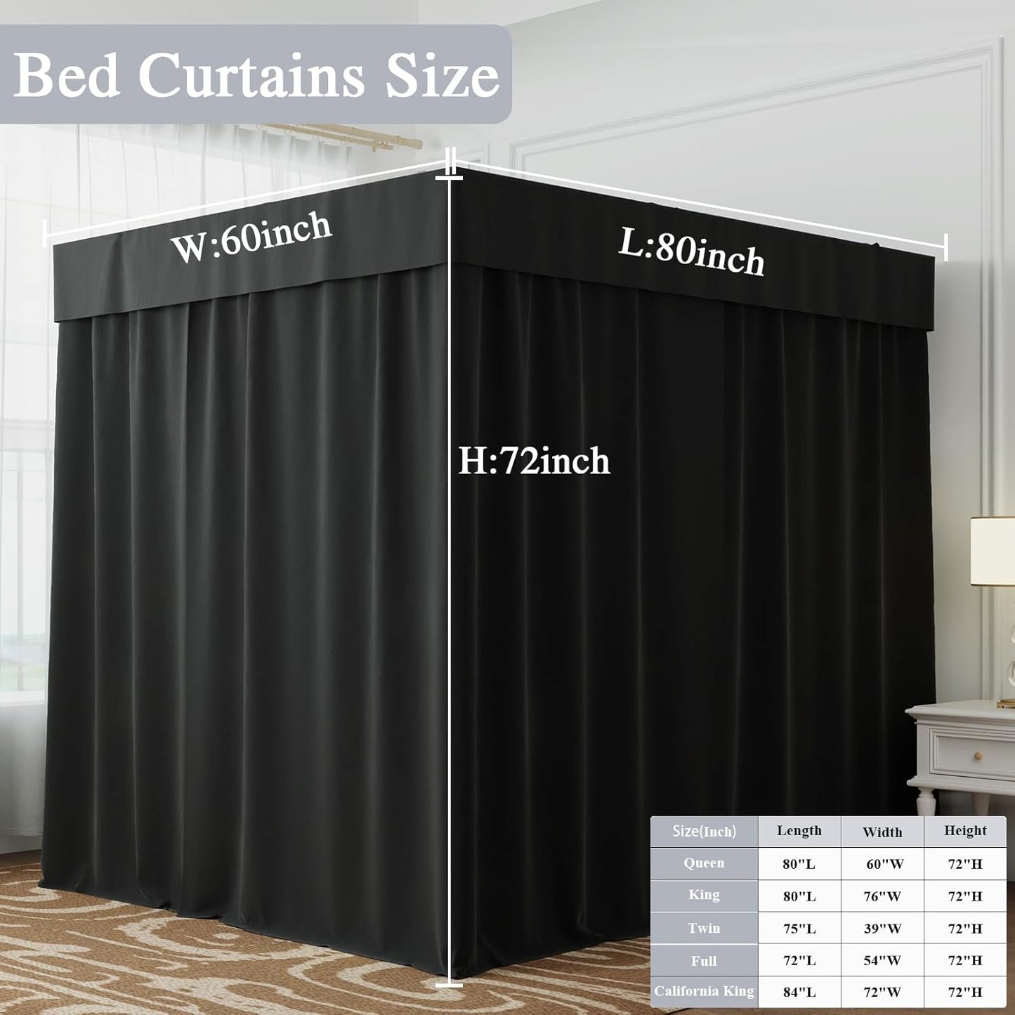 Hvqic Black Canopy Bed Drapes - 4 Corner Post Canopy Queen Bedroom Decoration (Queen, Black)
