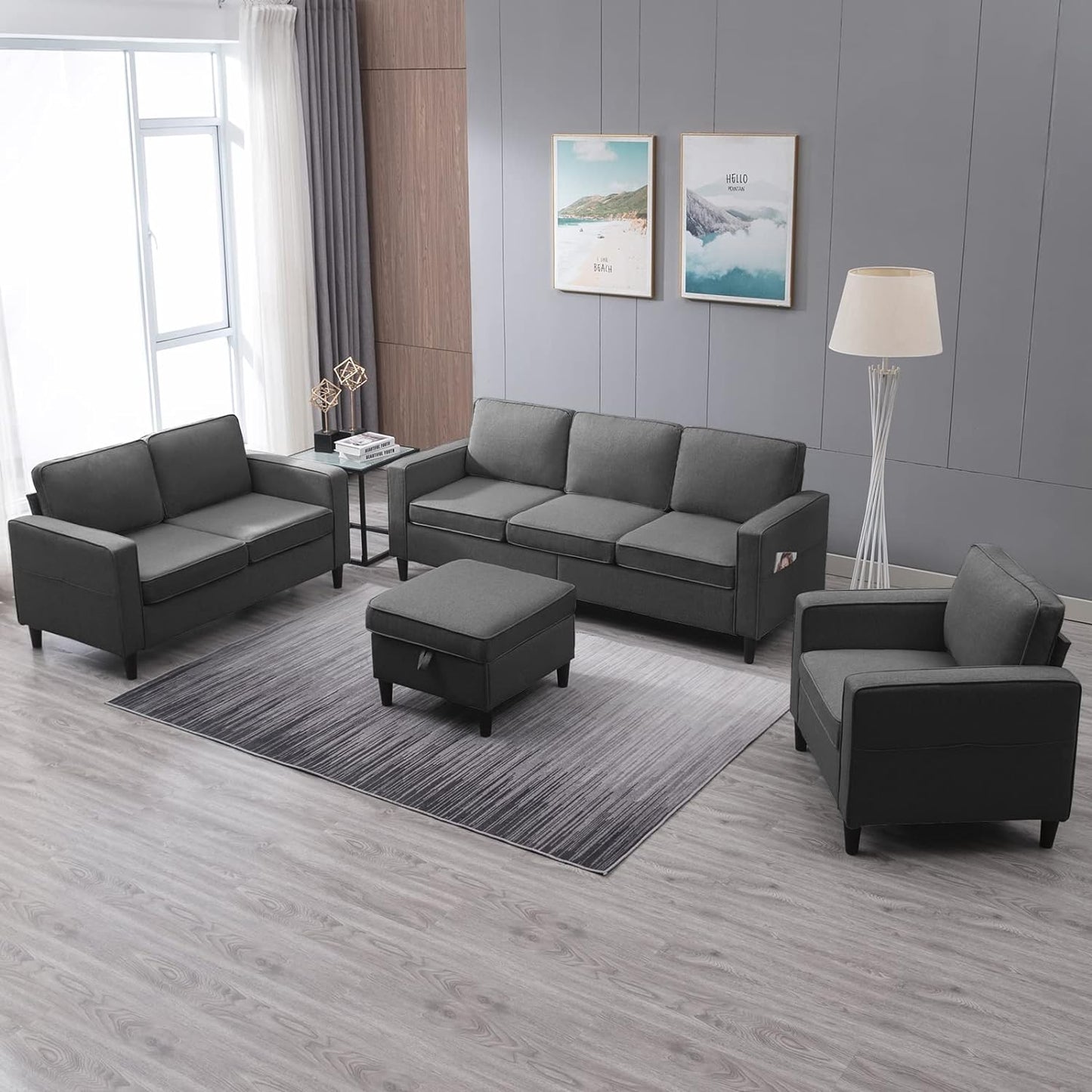 4 Piece Living Room Sofa Sets, 3 Seat Sofa and Loveseat & Chair Set, Modular Sectional Sofas Couch with Storage Ottoman & Armchair, Furniture Couches for Living Room, Bedroom - Light Grey
