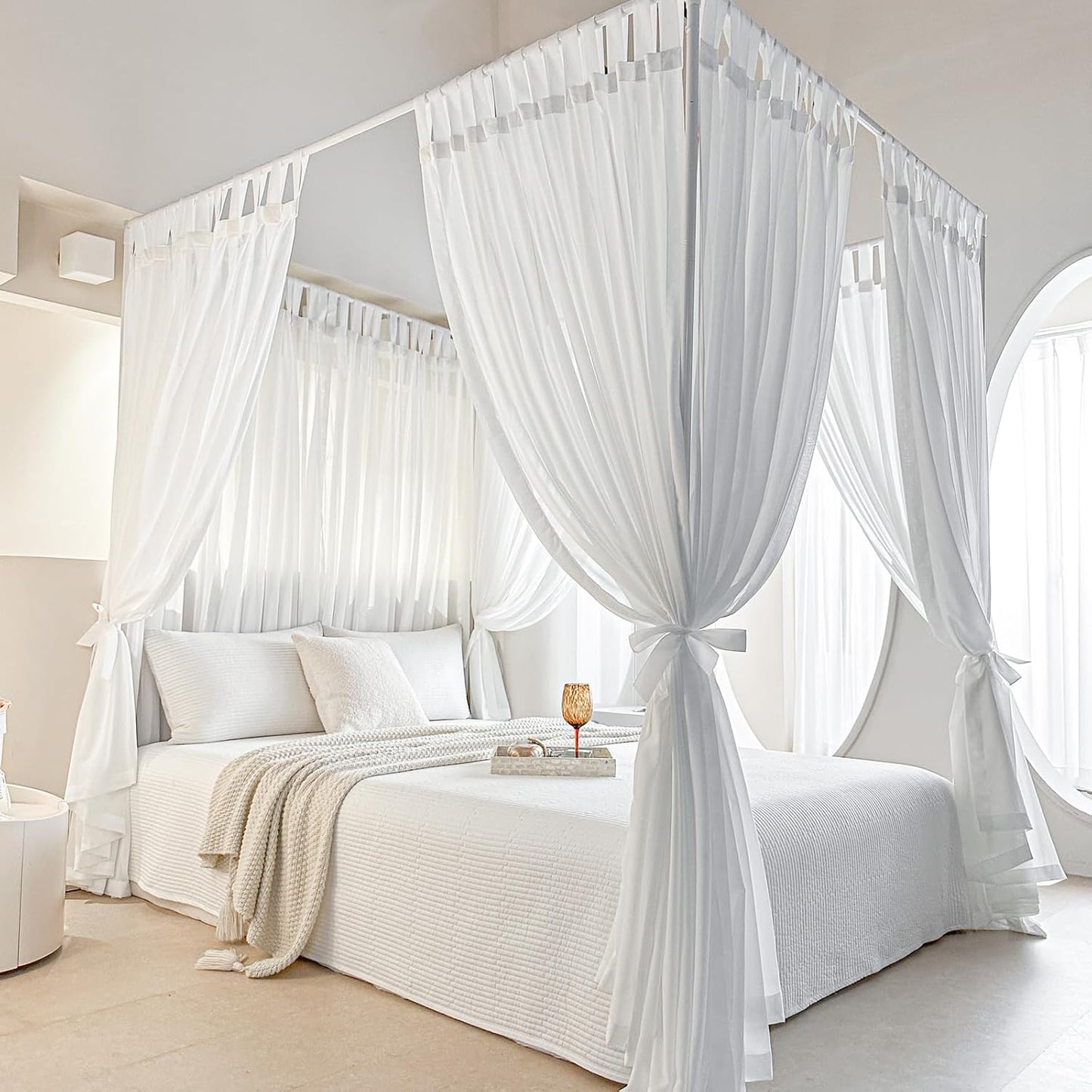AIKASY Canopy Bed Board with Top and Self-Adhesive Strips, White Gauze Princess Bed Canopy Curtain Tent, Creating a Romantic Atmosphere in The Room(Full/Queen,White)