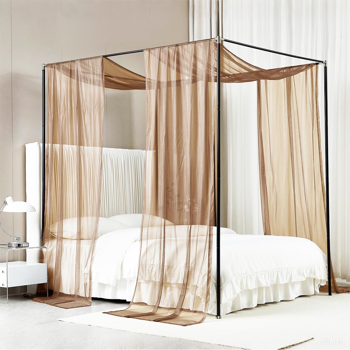 Akiky Canopy Bed Curtains with Light Princess Bed Canopy Scarf for Full/Queen Metal Bed Frame,Wood Frame Bed-2 Panel Sheer Curtain(Full/Queen,White)