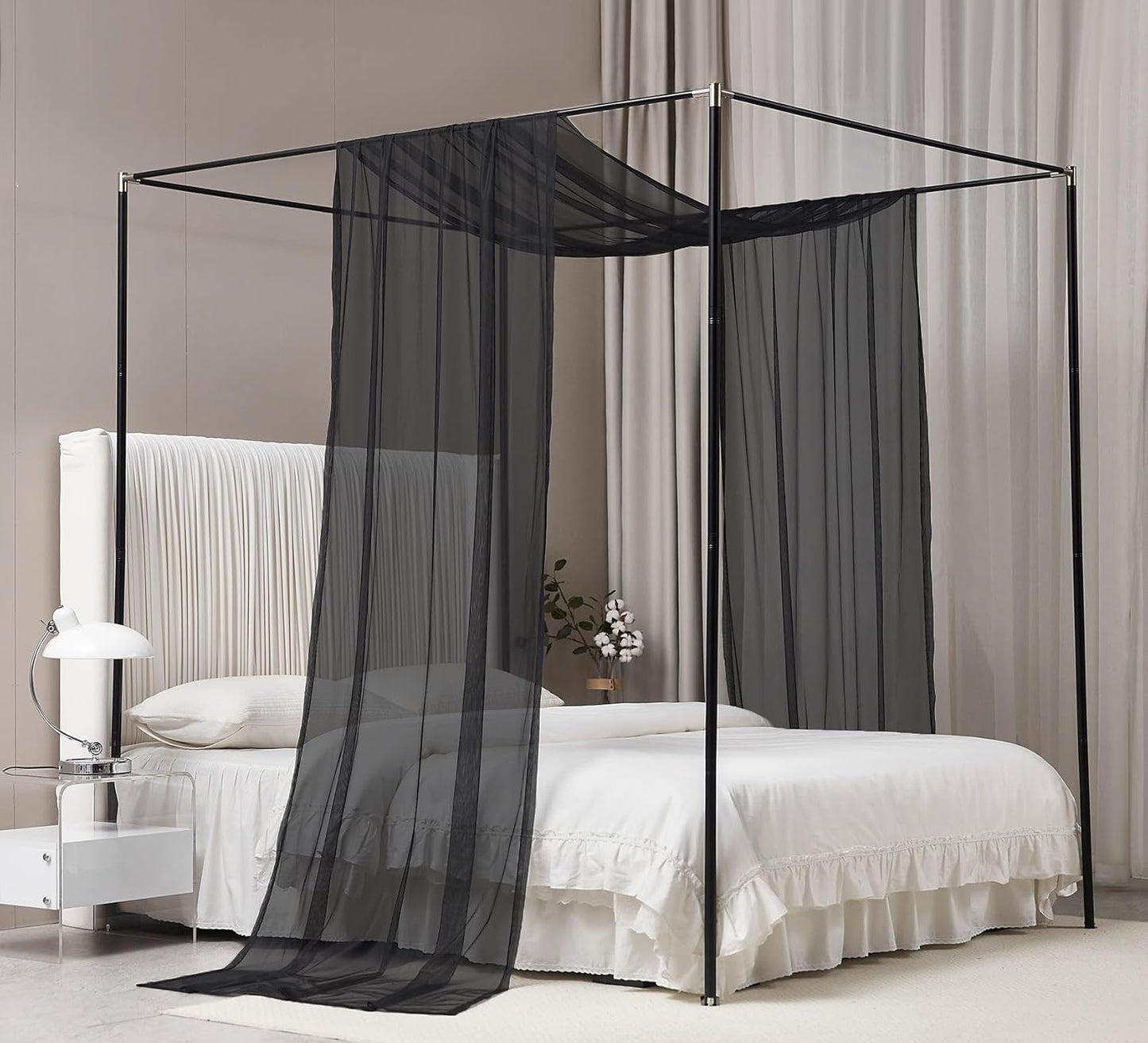 Akiky Canopy Bed Curtains with Light Princess Bed Canopy Scarf for Full/Queen Metal Bed Frame,Wood Frame Bed-2 Panel Sheer Curtain(Full/Queen,White)