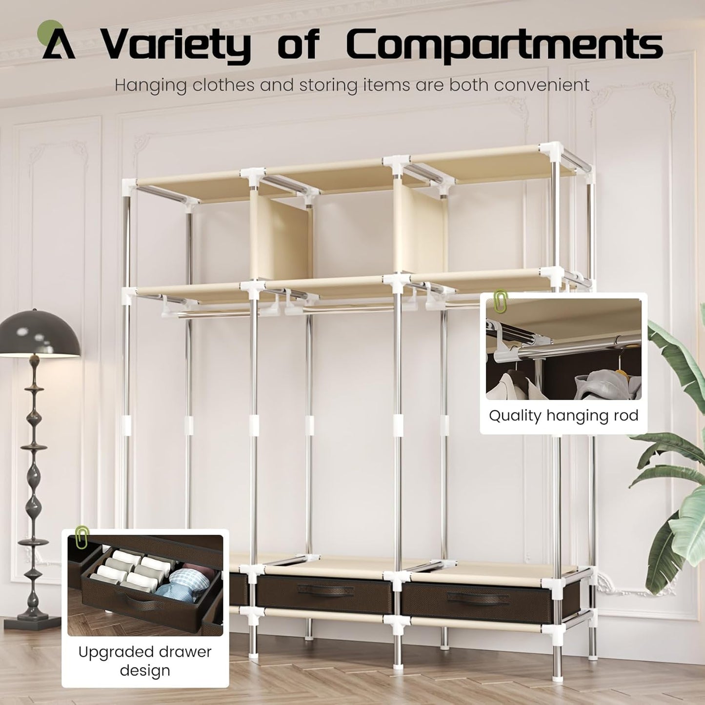 Portable Amories Closet Wardrobe with Non Woven Fabric Cover,59 Inch Large Metal Clothes Rack Storage Closet with 3 Hanging Rods,3 Drawers and 3 Storage Shelves,Brown,for Small Room