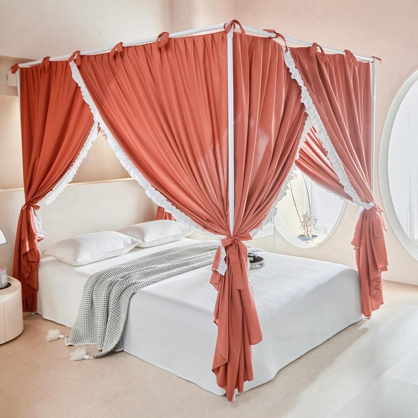 AIKASY Princess Canopy Bed Curtains with Top Ties - Windproof & Lightproof for Girls' Adult Bedroom Decor | Bed Canopy Drapes (Full,Khaki)