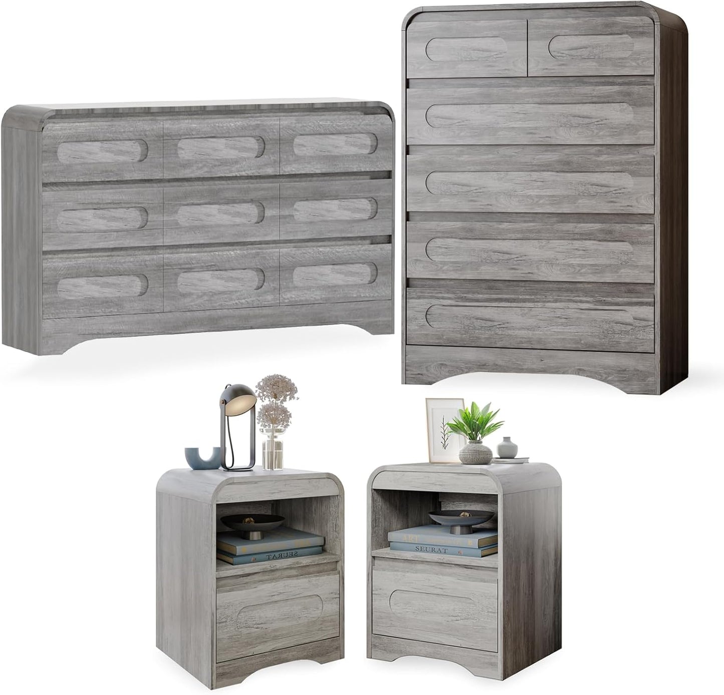 4 Pcs Bedroom Set, Dresser and Nightstand Sets, Including Modern Wooden Tall 6 Drawer Dressers, Wide 6 Drawers Dresser & Night Stand Set of 2 for Bedroom, Black