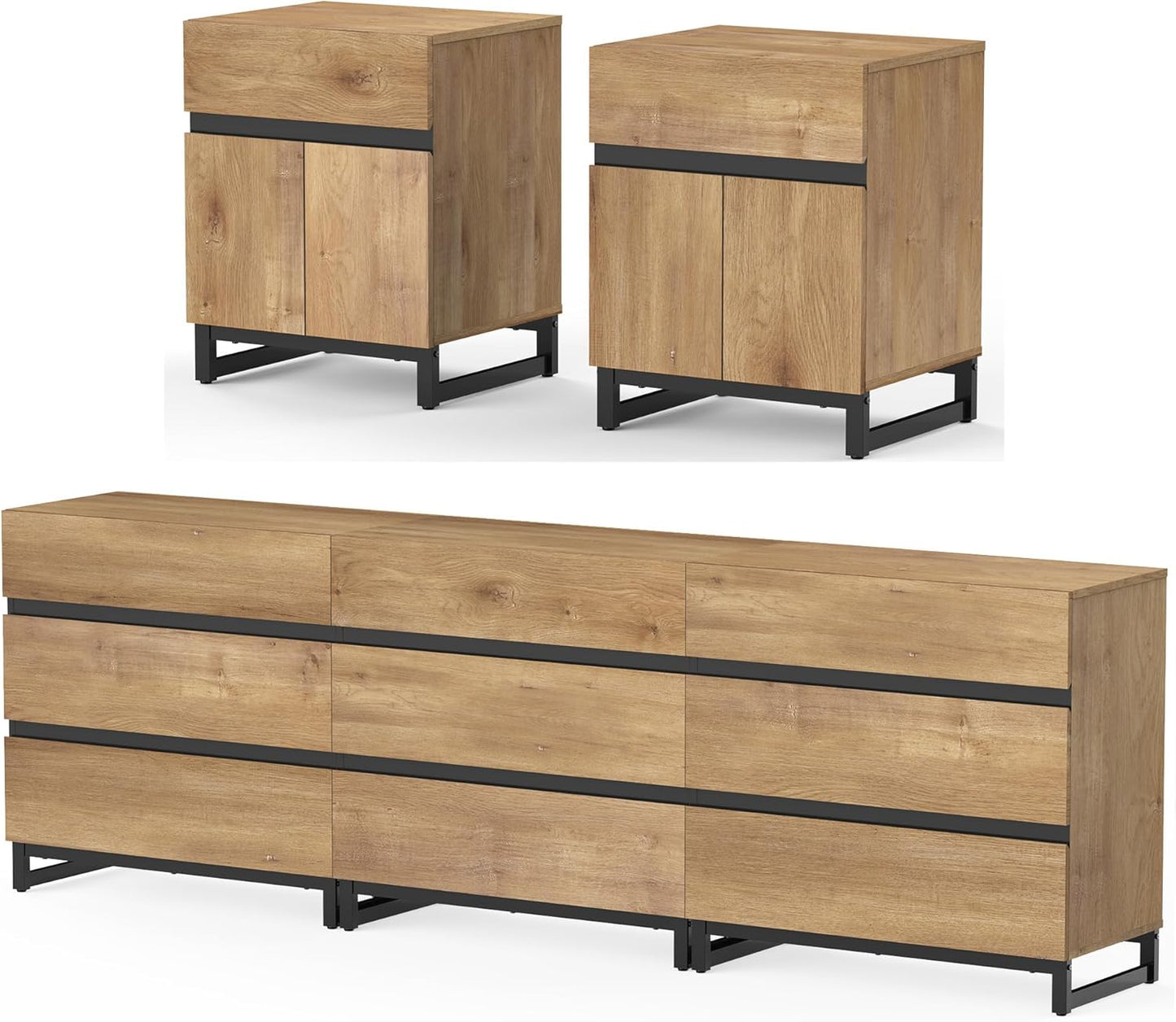 WAMPAT Dresser and Nightstand Set of 3, 63 Inches Dresser with 6 Drawers, 2 Nightstand with Drawer and Cabinet for Bedroom, Bedroom Furniture Set,Brown