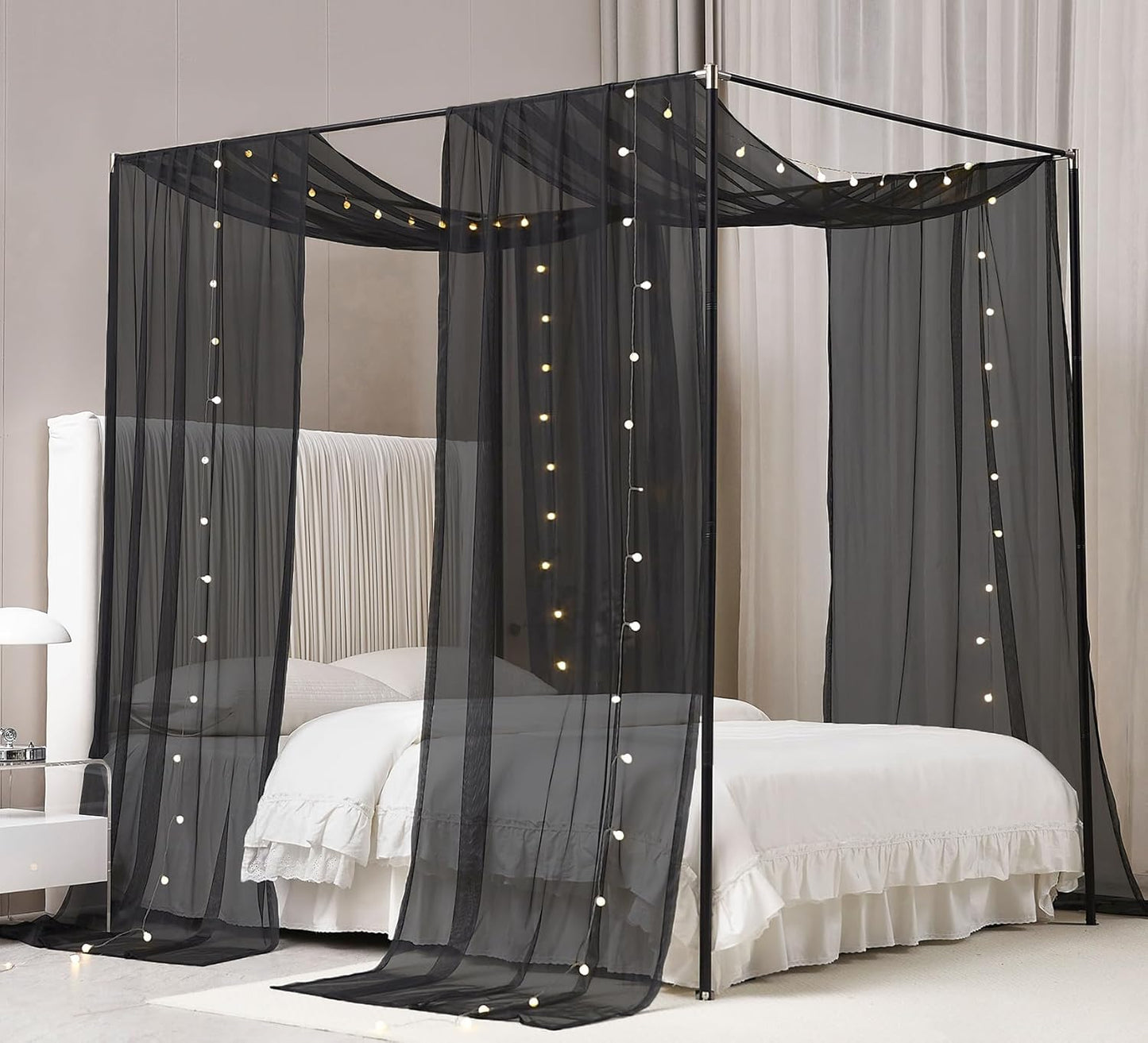 Akiky Canopy Bed Curtains with Light Princess Bed Canopy Scarf for Full/Queen Metal Bed Frame,Wood Frame Bed-2 Panel Sheer Curtain(Full/Queen,White)