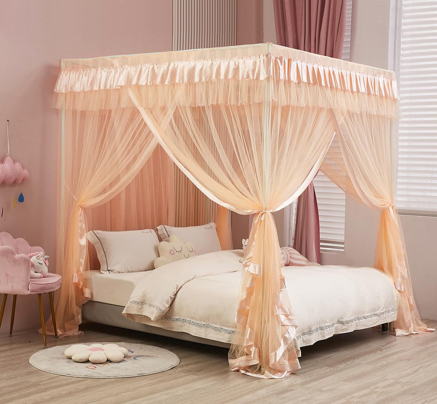 Mengersi Rainbow Canopy Bed Curtains with Lights - Princess Bed Canopy for Girls - Bed Drapes Netting- Bedroom Decoration Accessories,Full