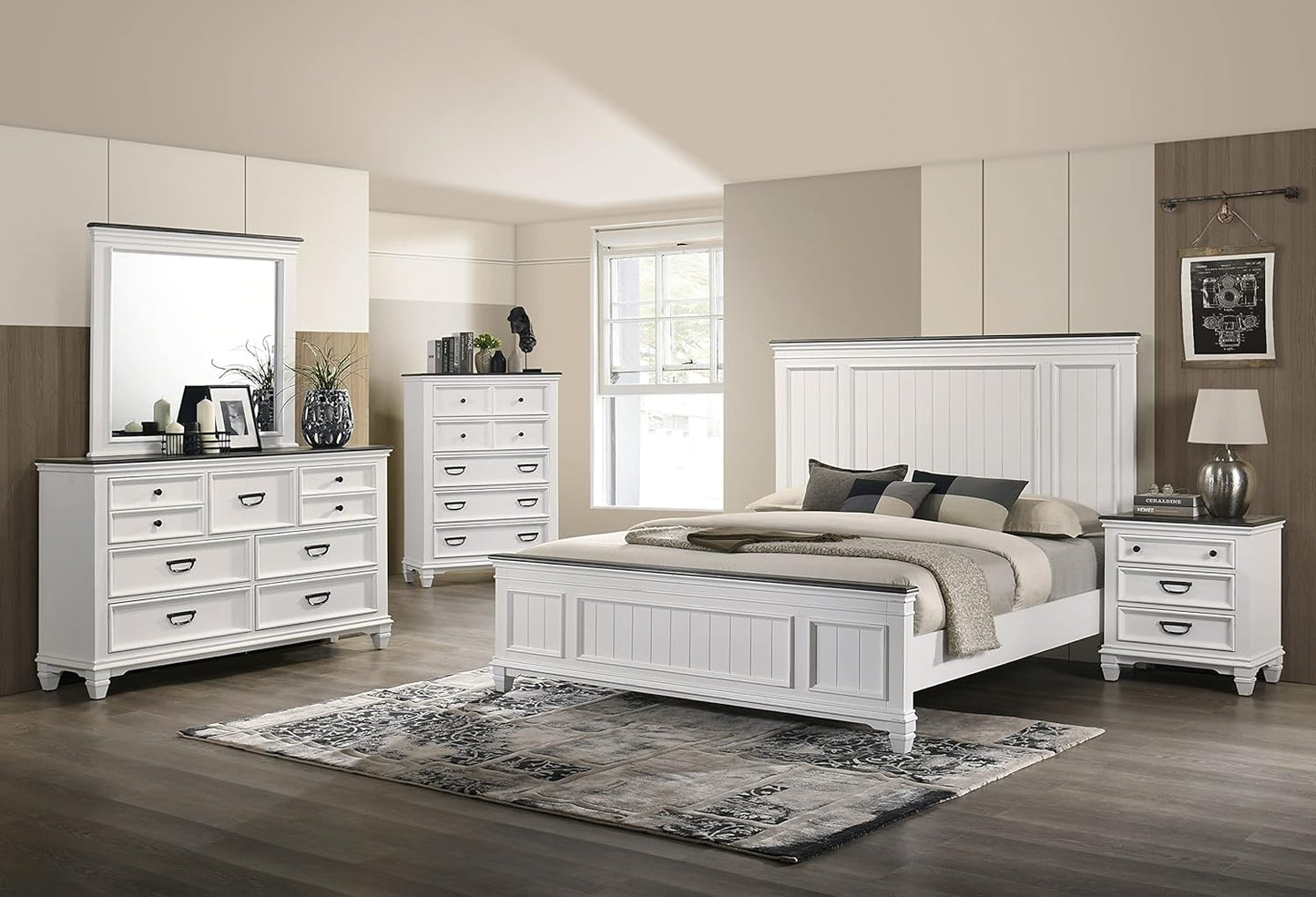 Roundhill Furniture Clelane Wood Bedroom Set with Shiplap Panel Queen Bed, Dresser, Mirror, Two Nightstands, and Chest in Weathered White and Walnut
