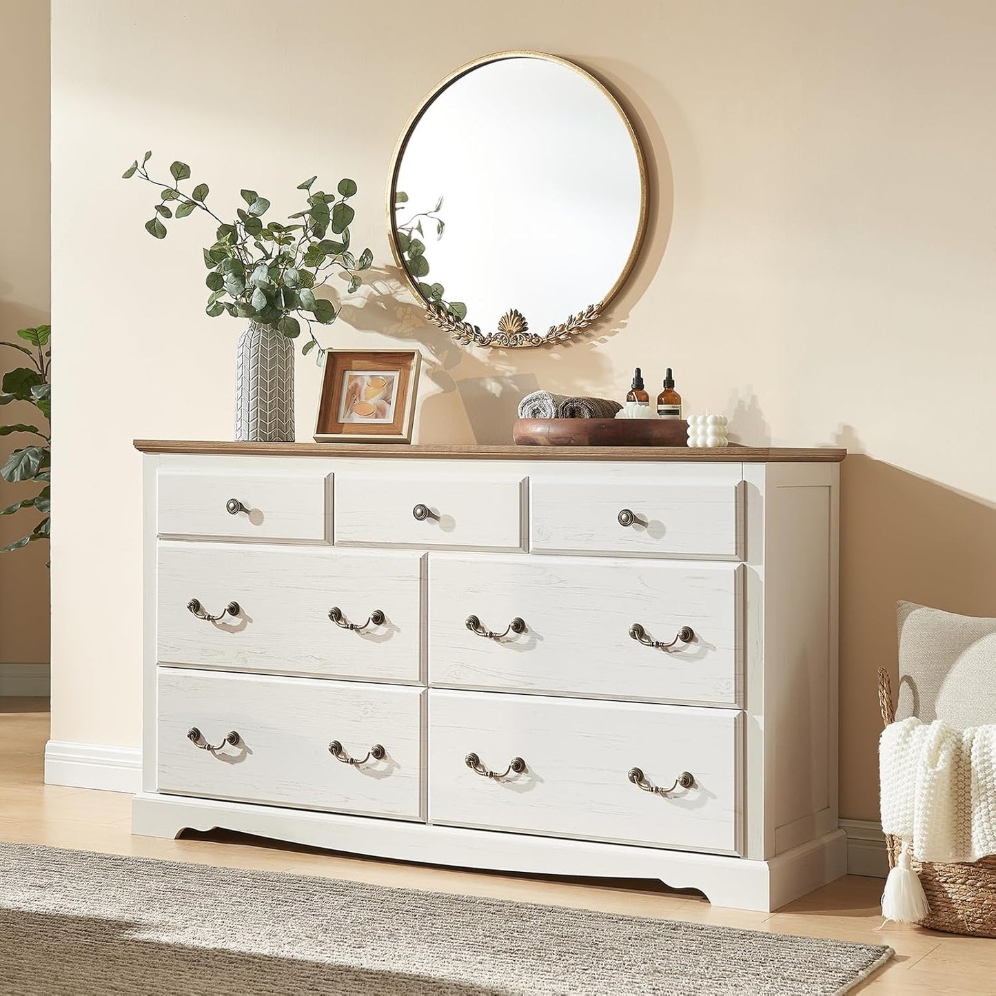 AMERLIFE 5 Piece Bedroom Set, Including Farmhouse Full Size Bed Frame with 4 Drawers, 7 Drawer Dresser & 6 Chest of Drawers, 2 Nightstands with Charging Station for Bedroom, White