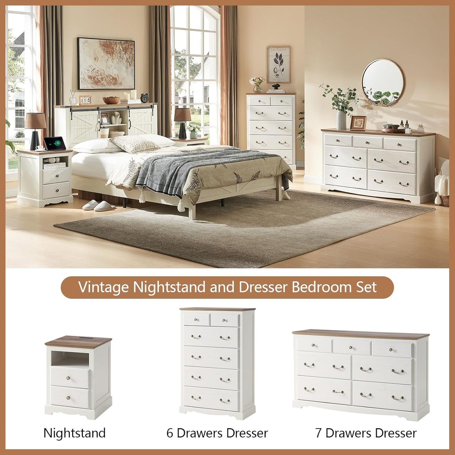 AMERLIFE 5 Piece Bedroom Set, Including Farmhouse Full Size Bed Frame with 4 Drawers, 7 Drawer Dresser & 6 Chest of Drawers, 2 Nightstands with Charging Station for Bedroom, White