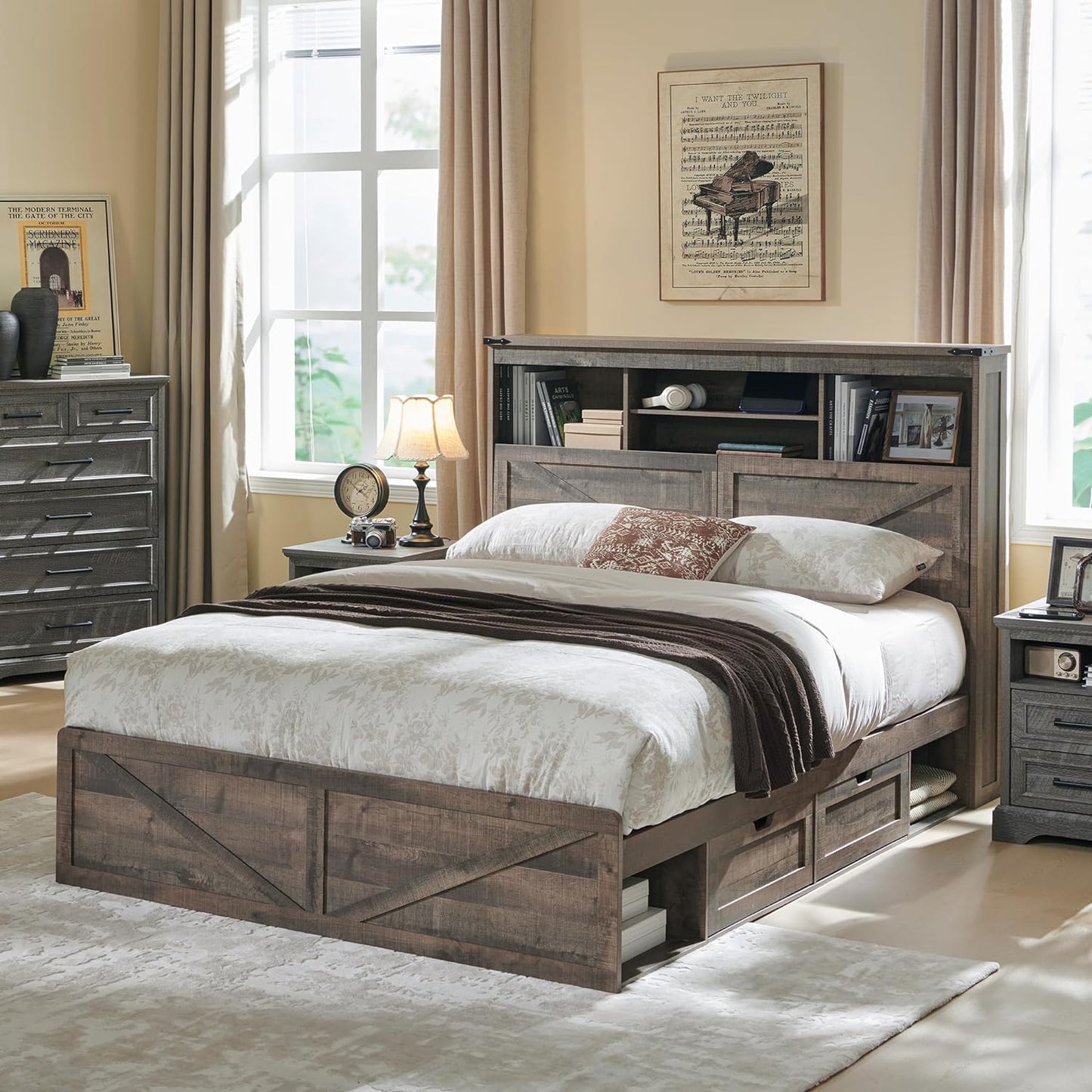 Farmhouse Queen Size Wood Bed Frame with 52" Tall Storage Headboard and 4 Drawers,LED Light,Charging Station,Solid Wood Slats Support,Noiseless,No Box Spring Needed,Antique White