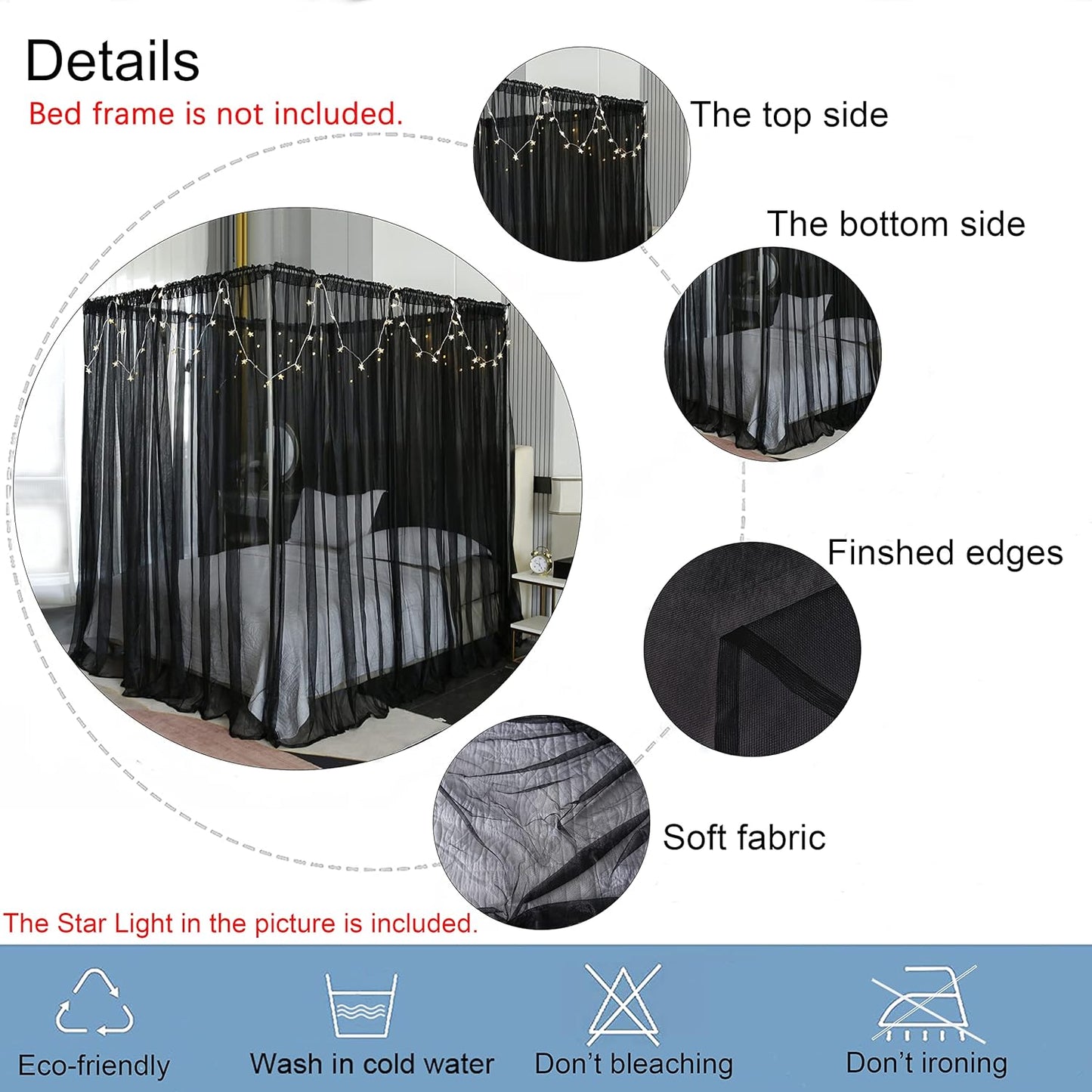 Akiky Canopy for Girls Room Bed Curtains Elegant Sheer Curtain for Twin Full Queen King Size Bed Drapes,8 Panels Canopies with Light,Room Décor(Full/Queen,Black)