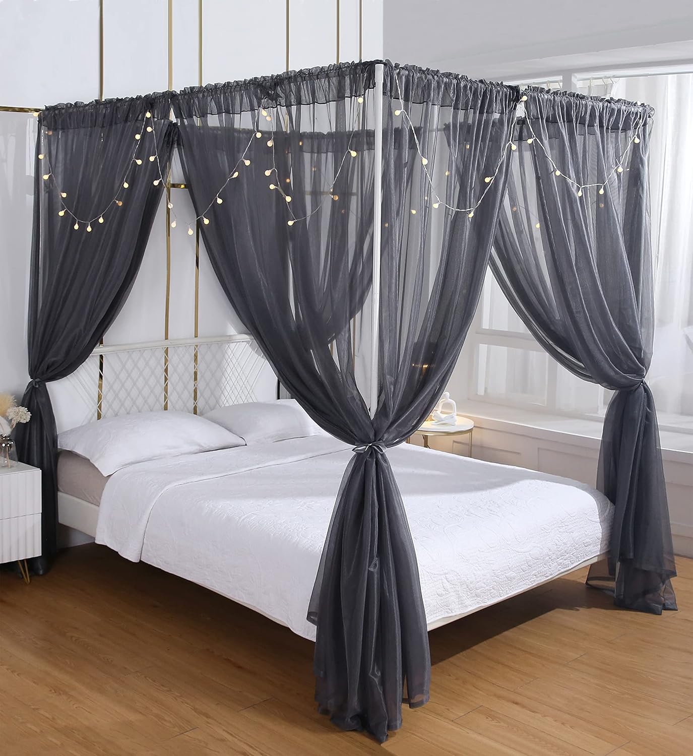 Akiky Canopy for Girls Room Bed Curtains Elegant Sheer Curtain for Twin Full Queen King Size Bed Drapes,8 Panels Canopies with Light,Room Décor(Full/Queen,Black)