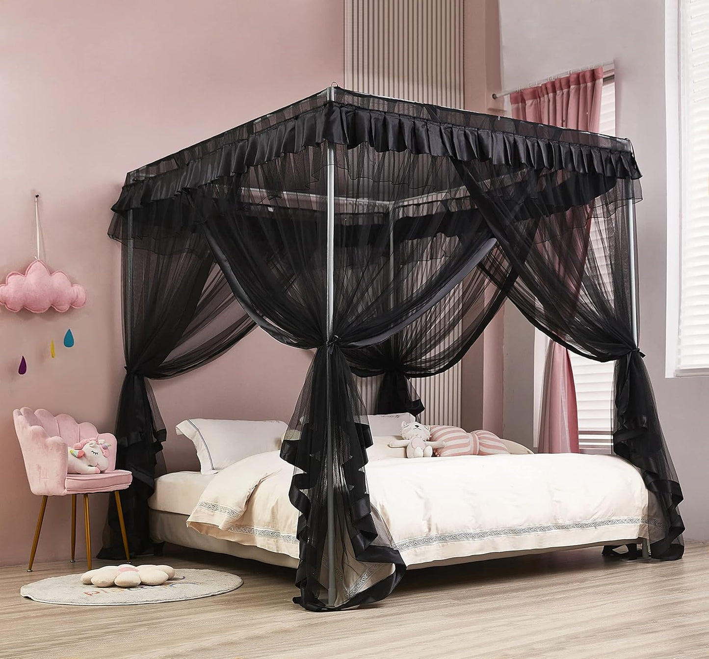 Mengersi Rainbow Canopy Bed Curtains with Lights - Princess Bed Canopy for Girls - Bed Drapes Netting- Bedroom Decoration Accessories,Full