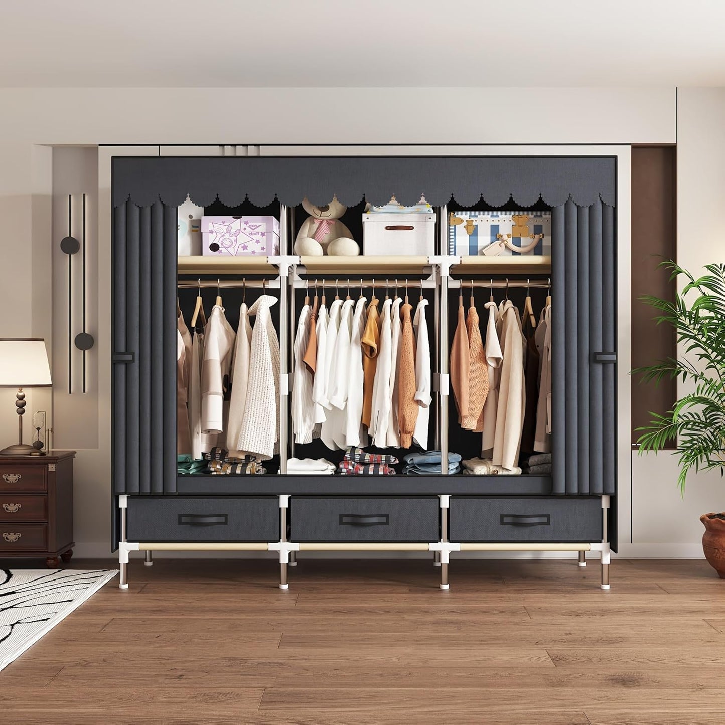 Portable Wardrobe Closet Durable and Easy to Assemble Heavy Duty Clothes Rack with Non-Woven Cover Fabric Best for Bedroom and Easy Storage and Organization (Grey-A)