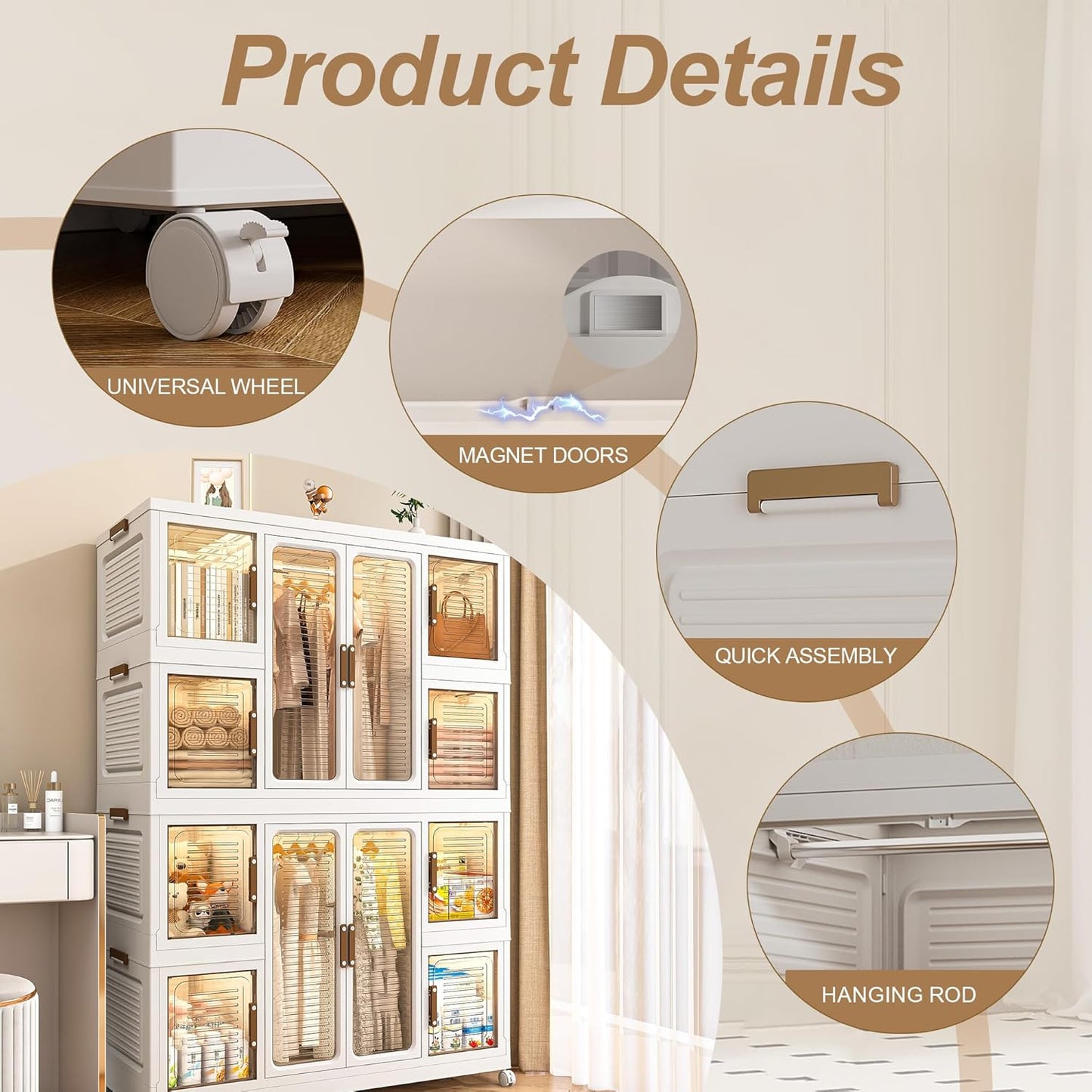Portable Wardrobe Closet Storage Organizer for Clothes, Plastic Collapsible Closet Organizer with Magnetic Transparent Door, for Living Room Bedroom,Easy Assemble,8 Cubes & 2 Hanging Rod