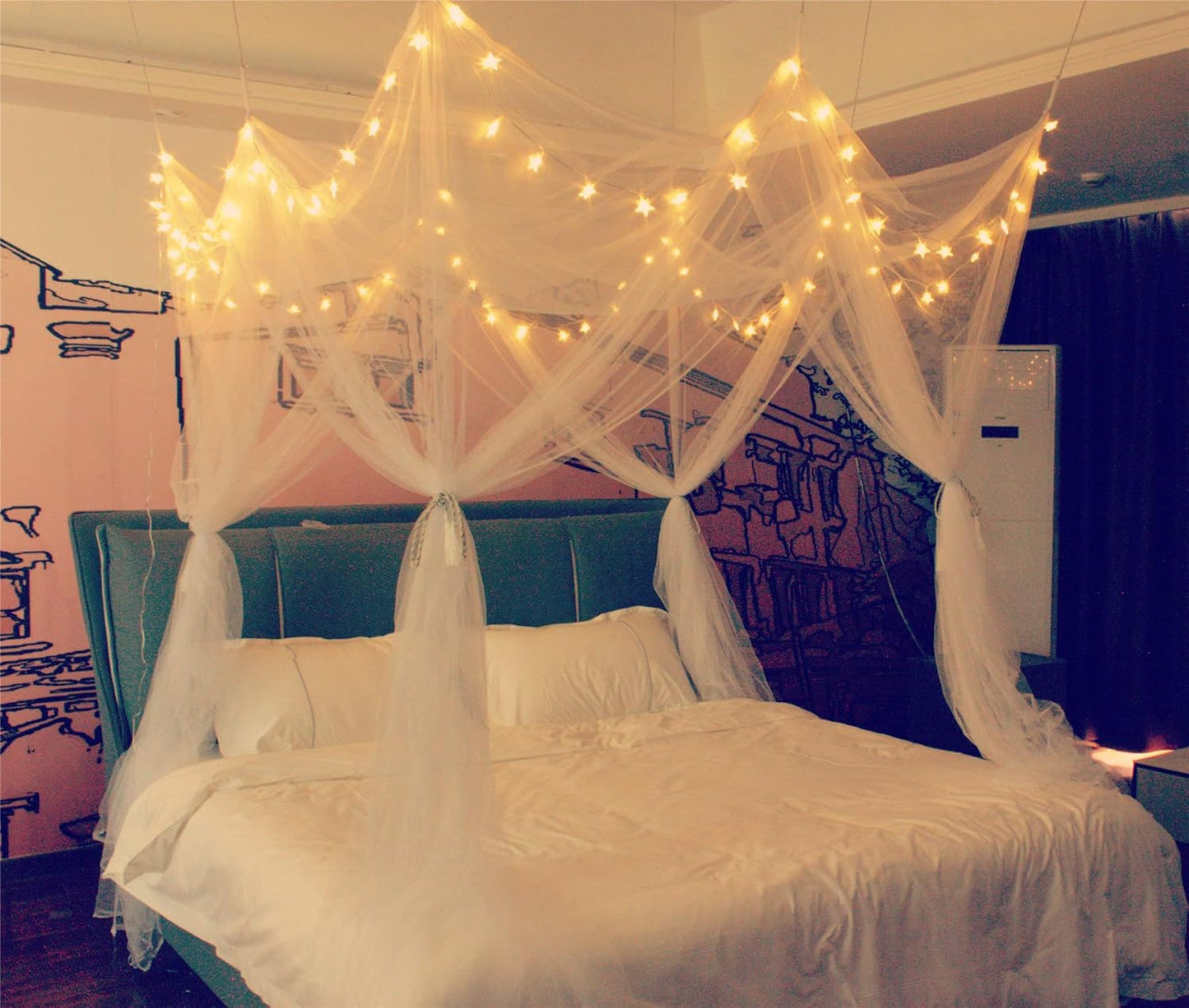 Bed Canopy with LED Star Lights, Canopy Bed Curtain with RGB Color Changing String Lights with Smart App Control Remote for Princess Girls Bedroom, Suggested for Twin Full Queen King Bed