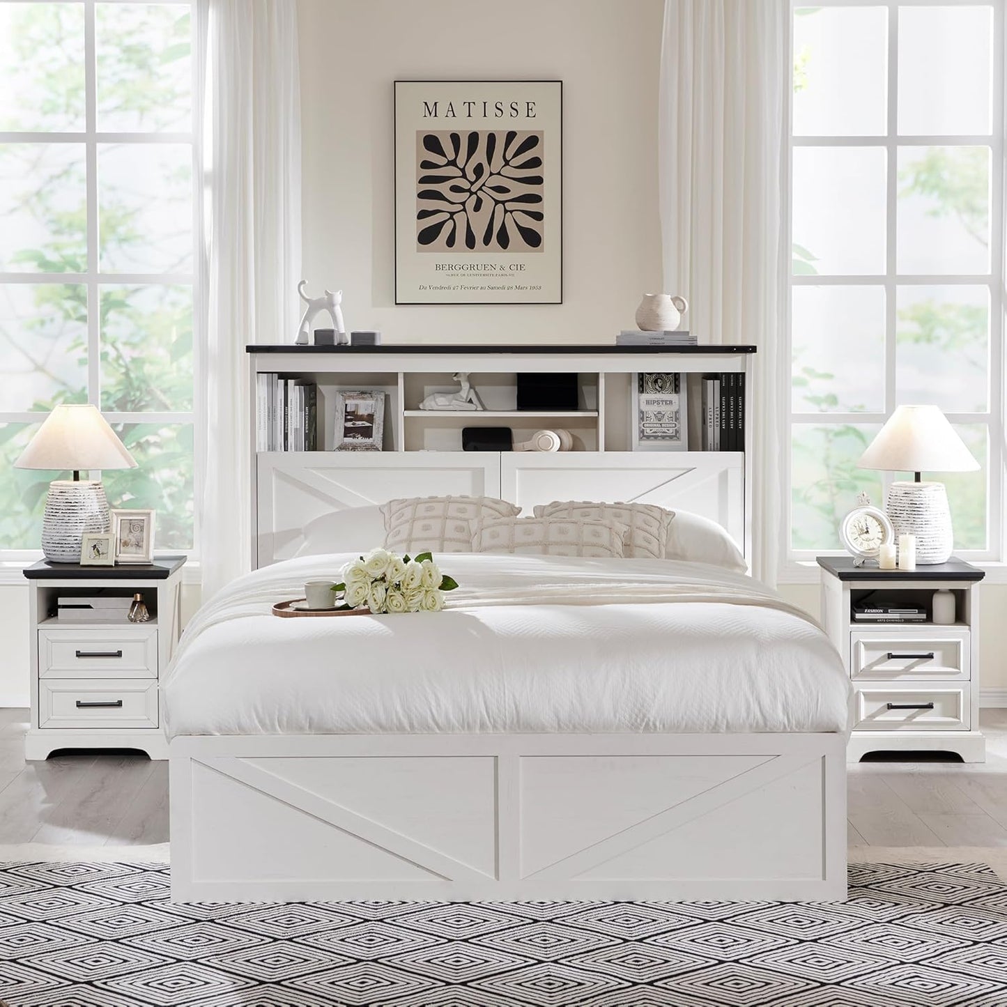 Farmhouse Queen Size Wood Bed Frame with 52" Tall Storage Headboard and 4 Drawers,LED Light,Charging Station,Solid Wood Slats Support,Noiseless,No Box Spring Needed,Antique White