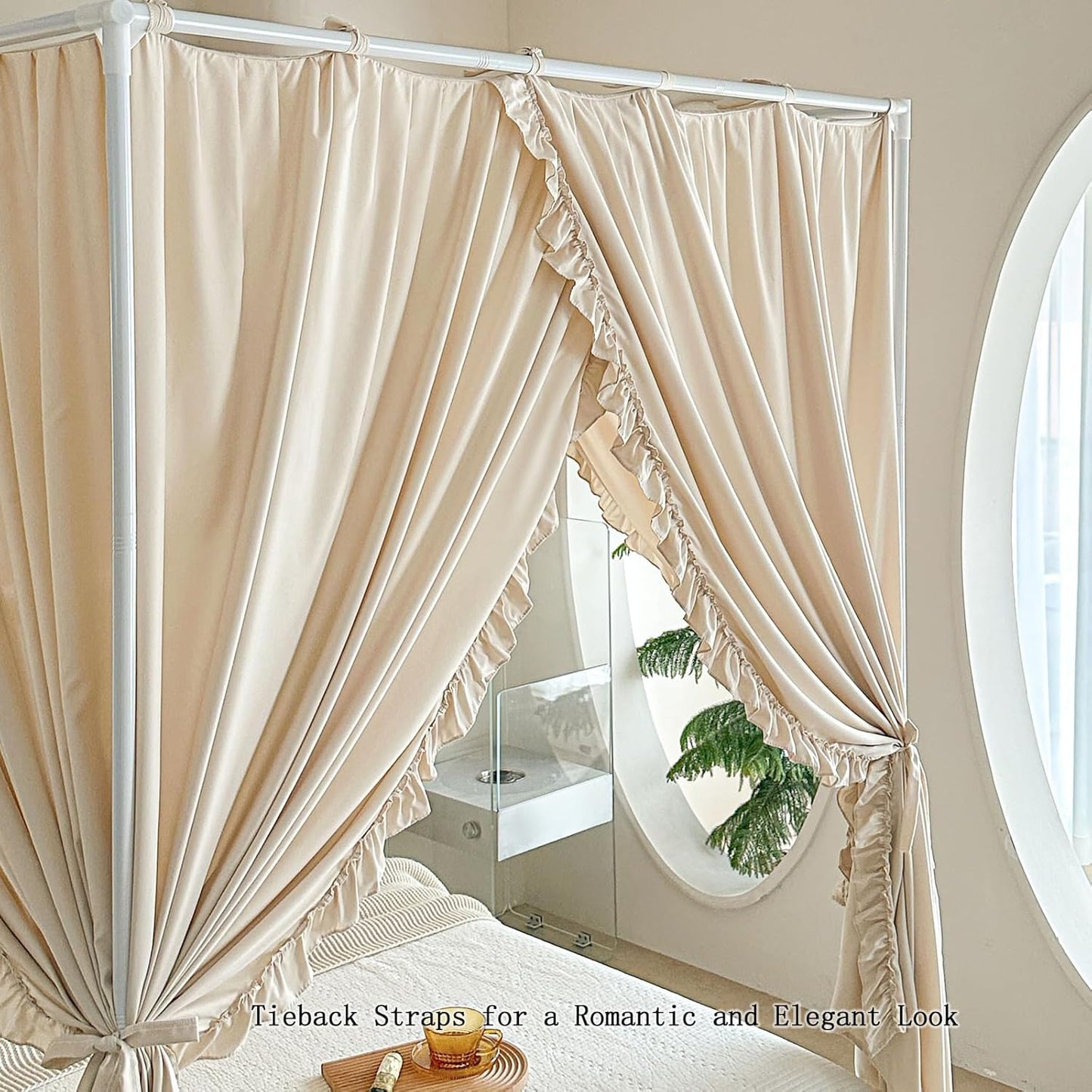 AIKASY Princess Canopy Bed Curtains with Top Ties - Windproof & Lightproof for Girls' Adult Bedroom Decor | Bed Canopy Drapes (Full,Khaki)