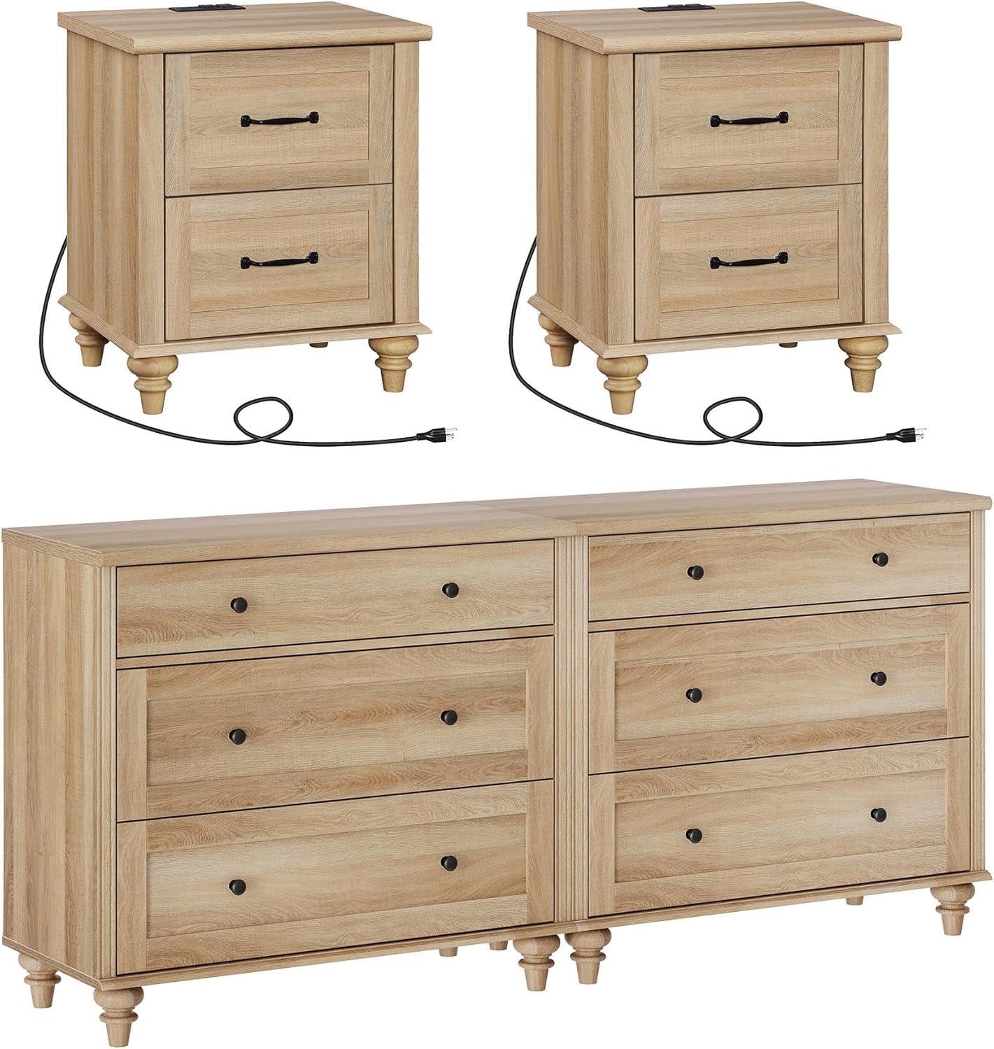 WAMPAT 4 Piece Bedroom Set, Set of 2 Wooden Dressers with 3 Drawers, Set of 2 Rattan Bedside Table Side Tables with Charging Station, 4 Piece Dresser and Nightstand Sets, Oak