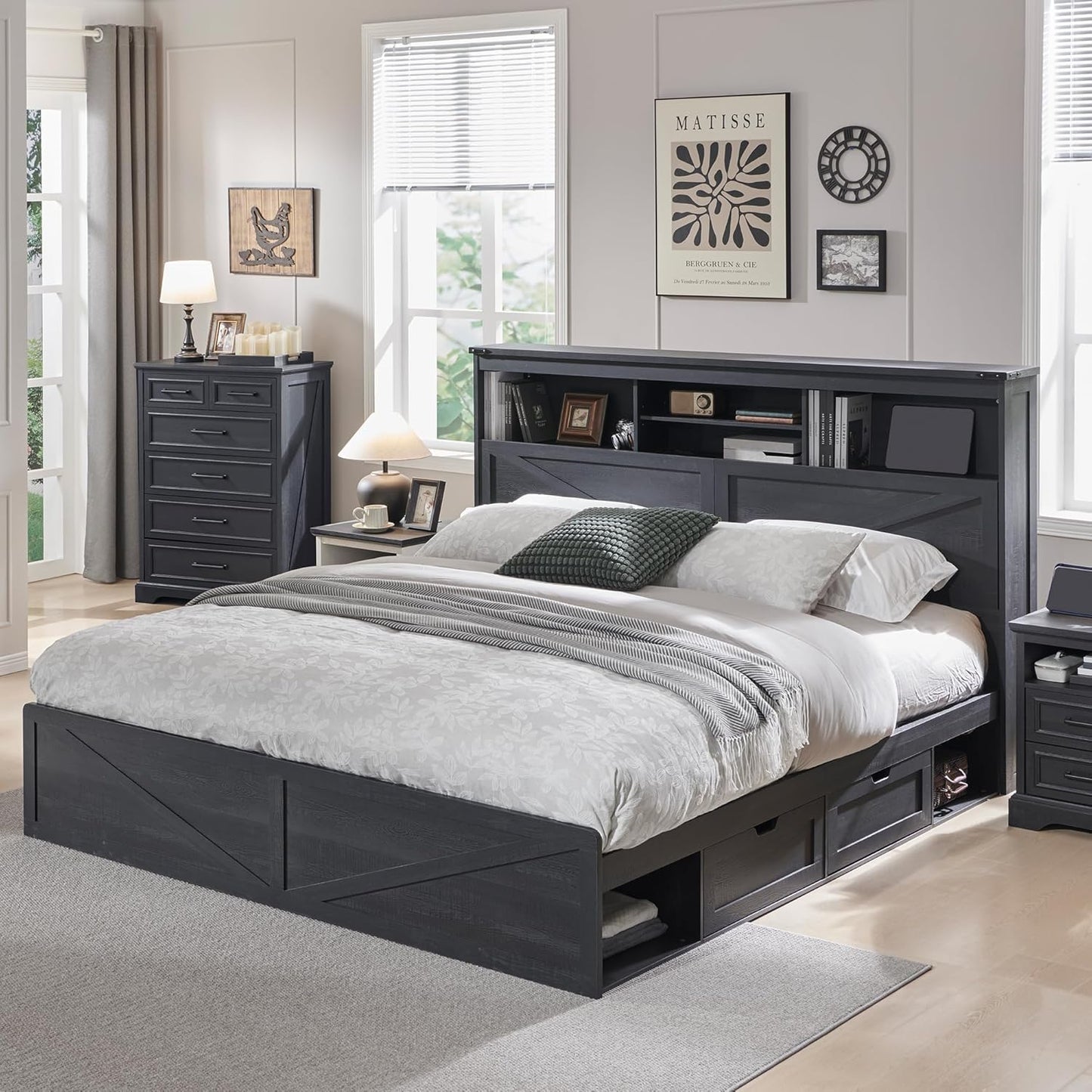 Farmhouse Queen Size Wood Bed Frame with 52" Tall Storage Headboard and 4 Drawers,LED Light,Charging Station,Solid Wood Slats Support,Noiseless,No Box Spring Needed,Antique White