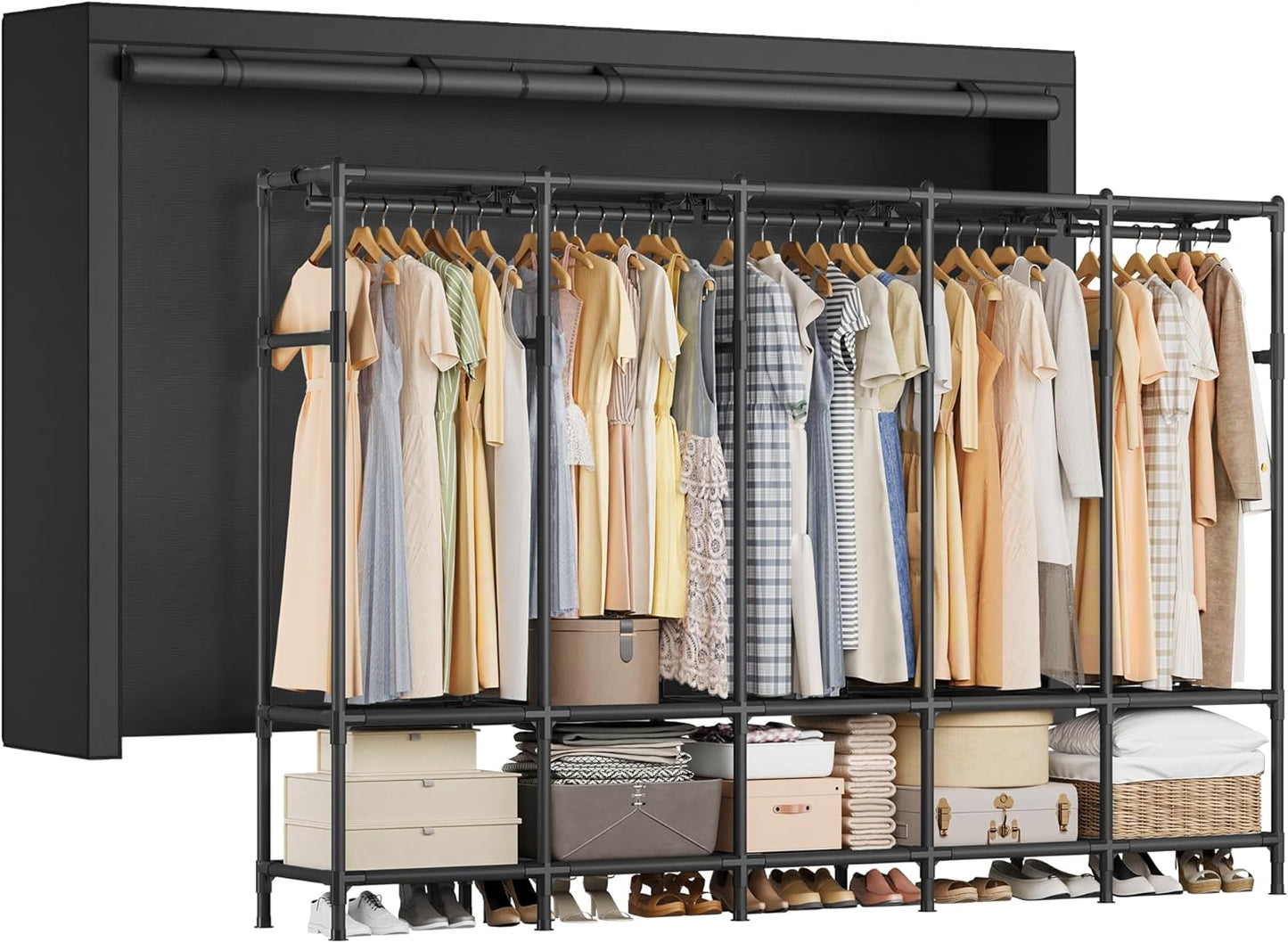 SONGMICS Wardrobe Closet, 83.5 Inch Large Capacity Portable Closet, Clothing Rack, 25 mm Dia,Thick Steel Tubes, Clothes Organizer with Fabric Cover, 5 Hanging Rails, 10 Shelves, Ink Black URDR095B01