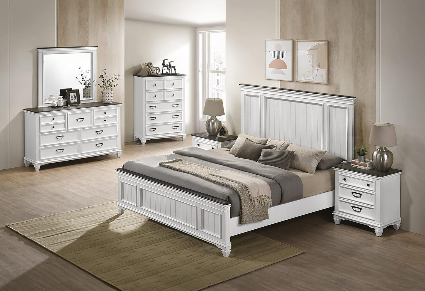 Roundhill Furniture Clelane Wood Bedroom Set with Shiplap Panel Queen Bed, Dresser, Mirror, Two Nightstands, and Chest in Weathered White and Walnut