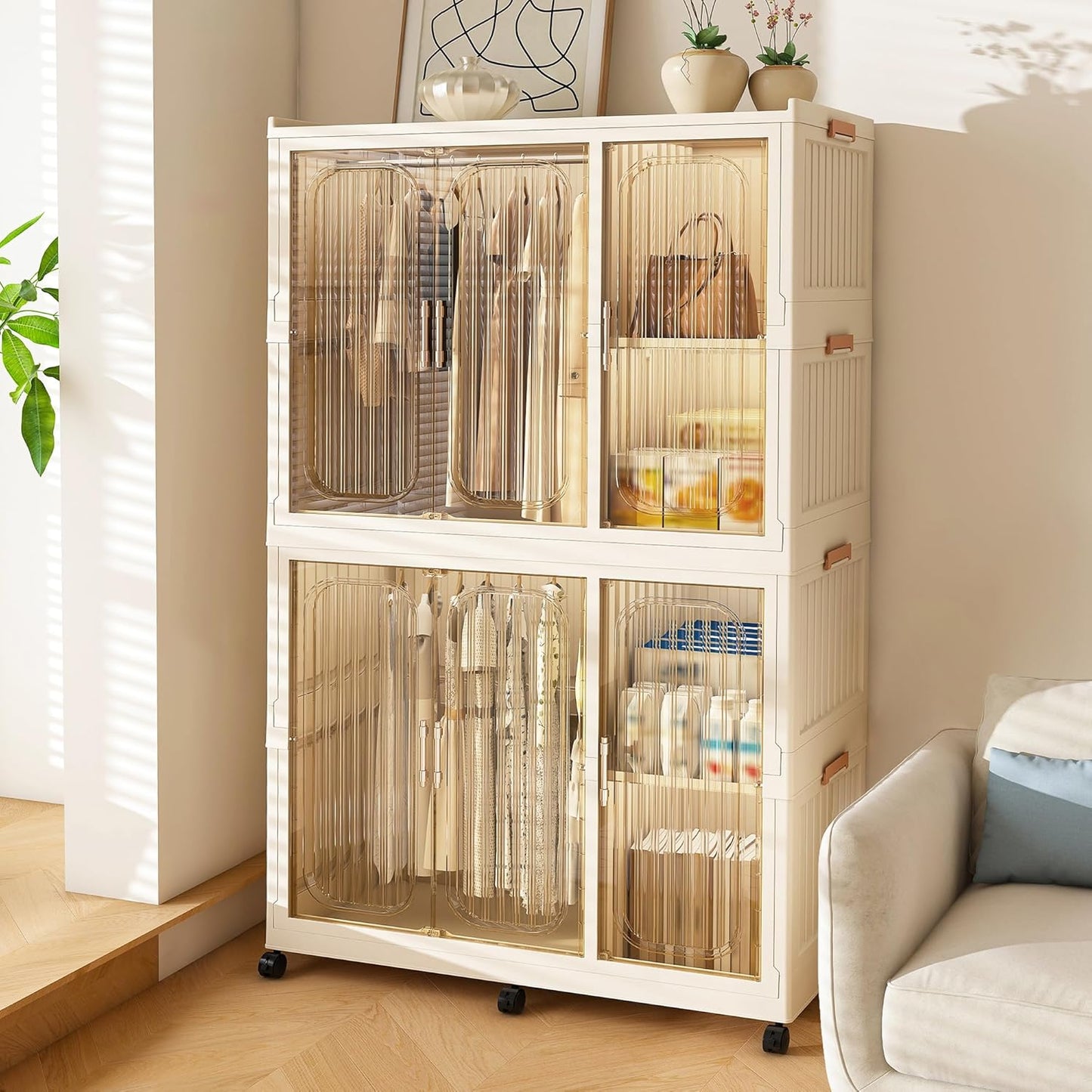 Portable Wardrobe Closet Storage Organizer for Clothes, Plastic Collapsible Closet Organizer with Magnetic Transparent Door, for Living Room Bedroom,Easy Assemble,8 Cubes & 2 Hanging Rod