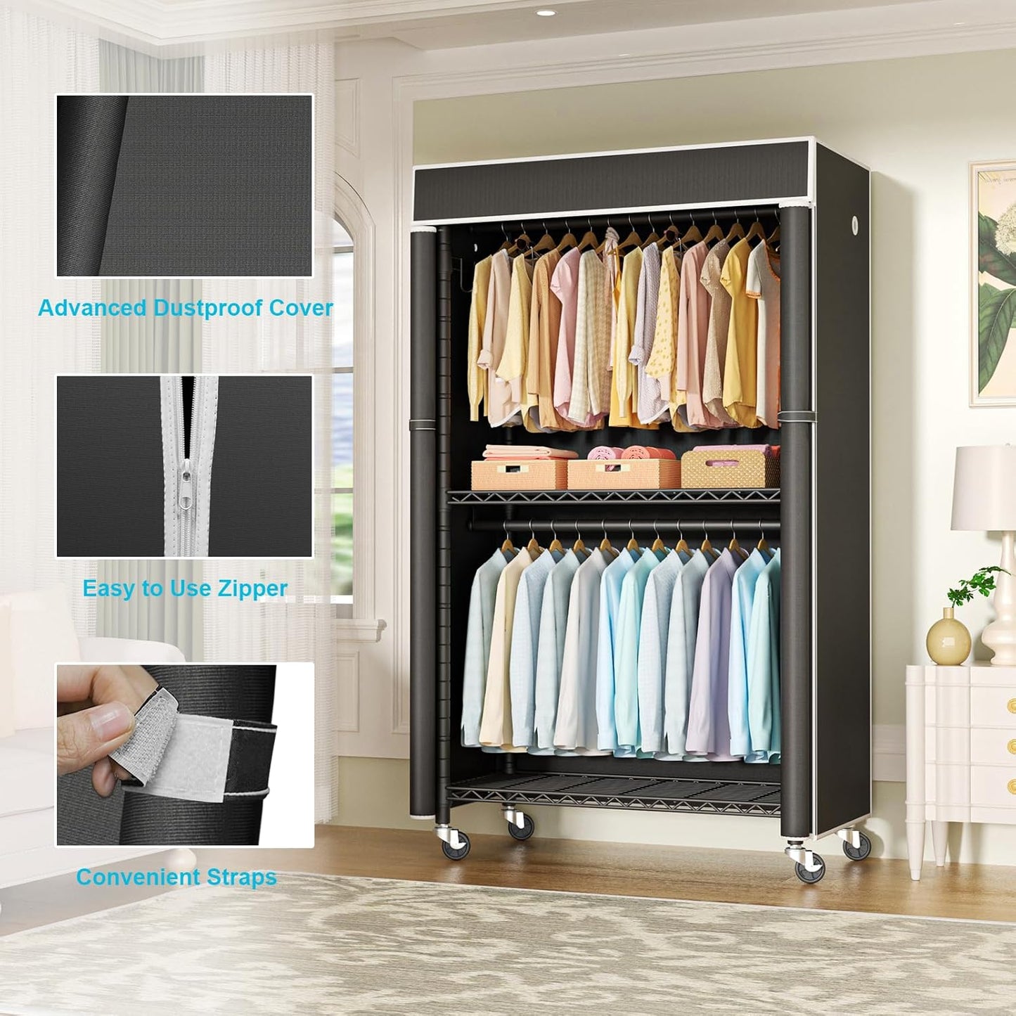 Clothing Rack with Cover, P1C Rolling Closets with Wheels, Metal Garment Rack for Hanging Clothes, Clothing Storage Wardrobe with Cover, 36.2" W x 16.5" D x 80.5" H, Black, Load 450 Pounds