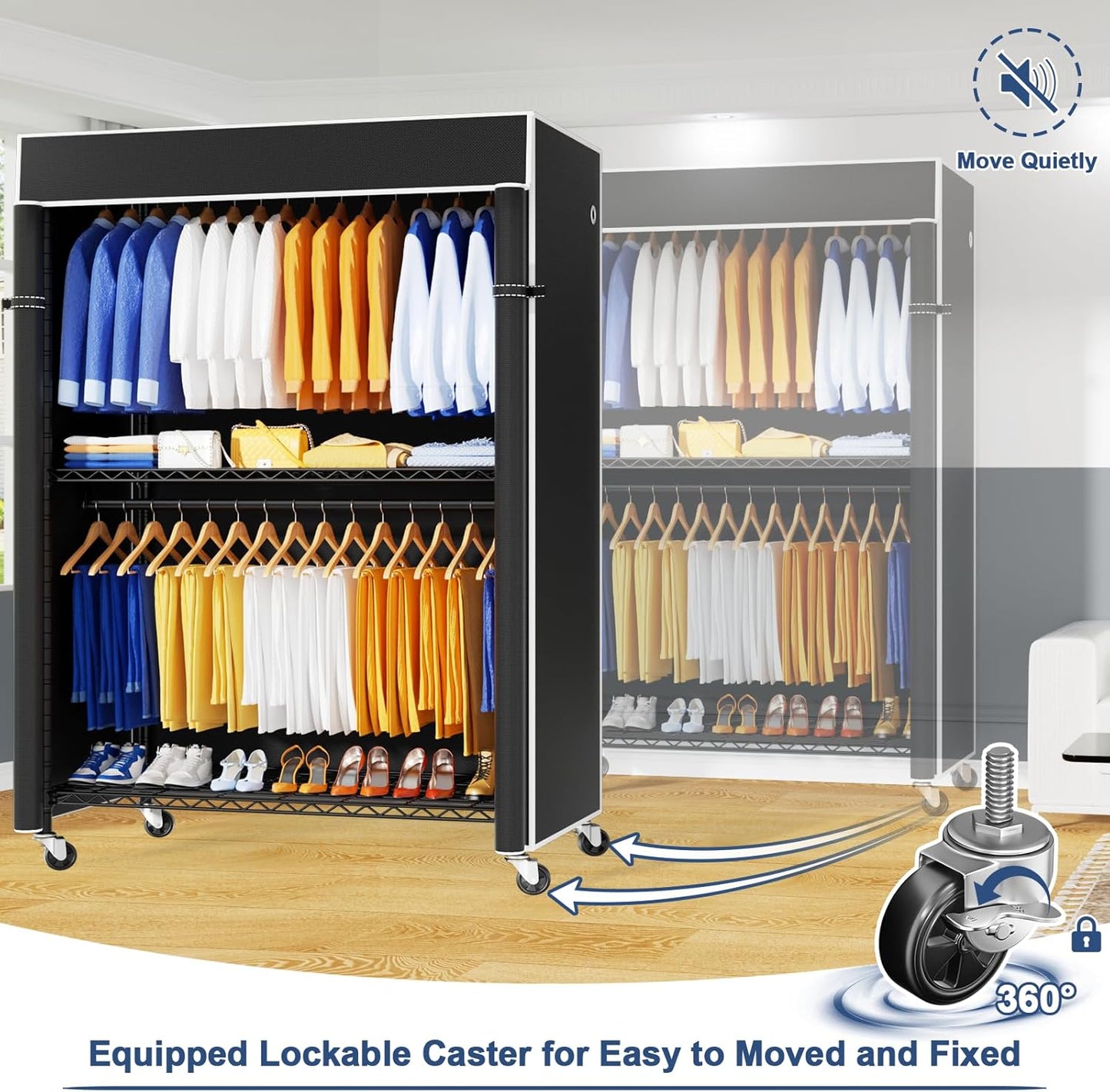 P8C Heavy Duty Clothes Rack(With Extended Width Design) Rolling Clothing Racks for Hanging Clothes with Lockable Wheels,51.2"W x 15.8"D x 80.5"H,Max Load 700LBS,Black Rack with Black Cover