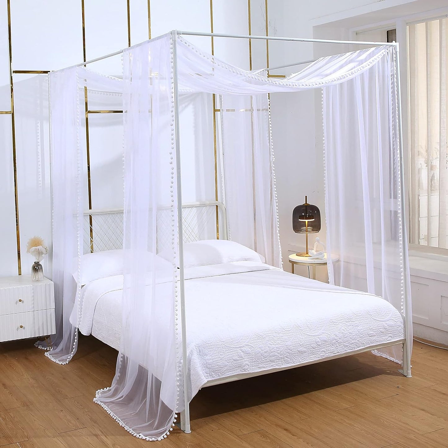 Akiky Canopy Bed Curtains with Light Princess Bed Canopy Scarf for Full/Queen Metal Bed Frame,Wood Frame Bed-2 Panel Sheer Curtain(Full/Queen,White)