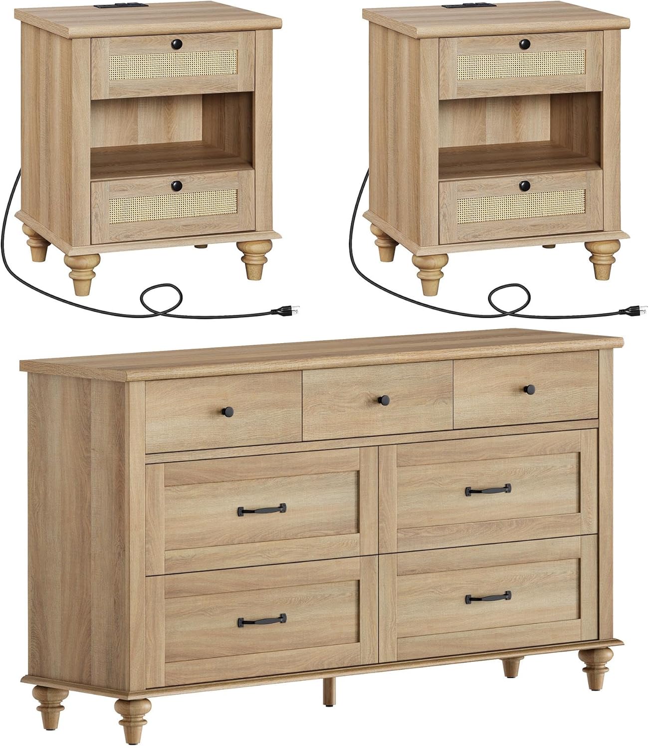 WAMPAT 3 Piece Bedroom Set - Includes Bedroom 7 Drawer Dresser, Set of 2 Rattan Bedside Tables with Charging Station, 3 Piece Dresser and Nightstand Sets, Oak