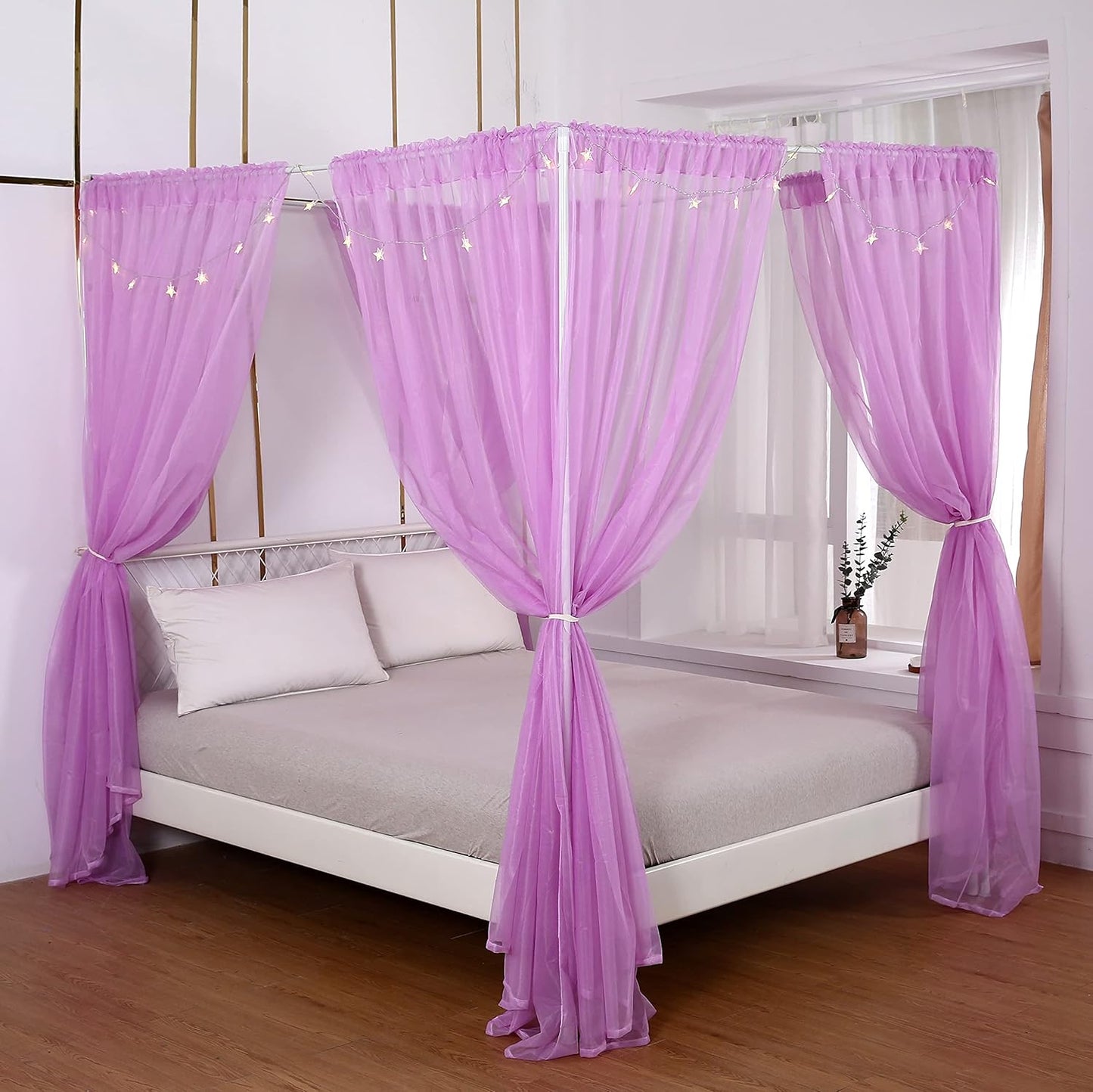 Akiky Canopy for Girls Room Bed Curtains Elegant Sheer Curtain for Twin Full Queen King Size Bed Drapes,8 Panels Canopies with Light,Room Décor(Full/Queen,Black)