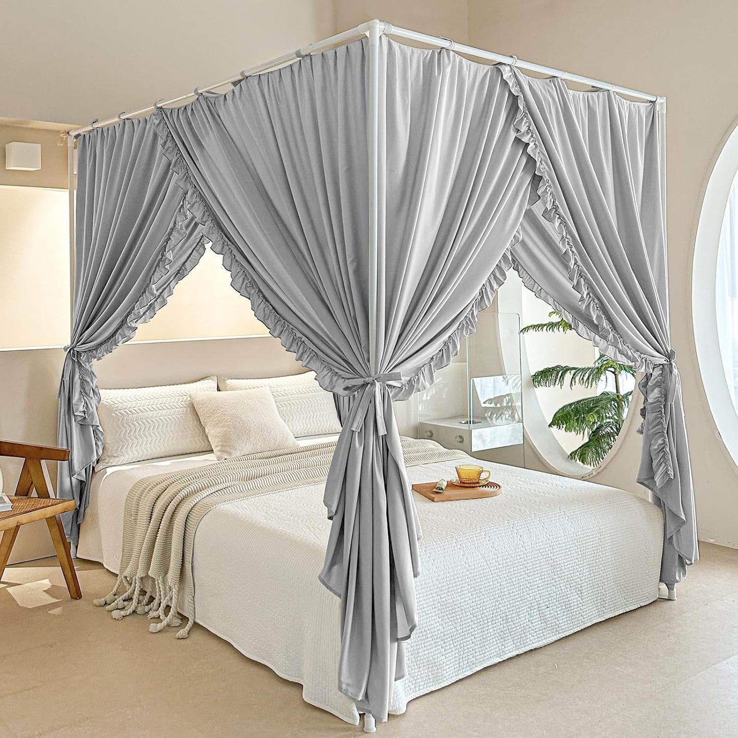 AIKASY Princess Canopy Bed Curtains with Top Ties - Windproof & Lightproof for Girls' Adult Bedroom Decor | Bed Canopy Drapes (Full,Khaki)