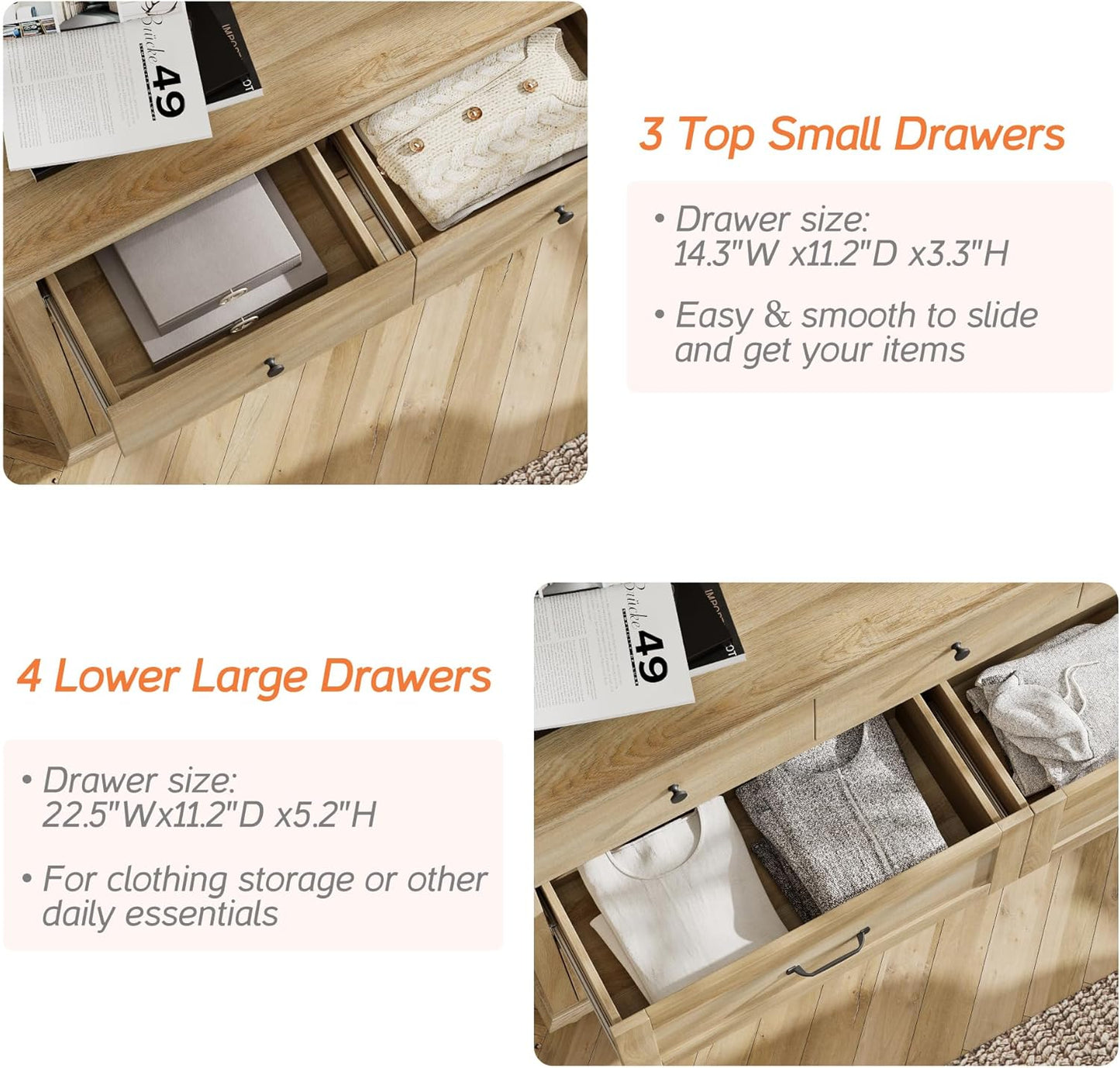 WAMPAT 3 Piece Bedroom Set - Includes Bedroom 7 Drawer Dresser, Set of 2 Rattan Bedside Tables with Charging Station, 3 Piece Dresser and Nightstand Sets, Oak
