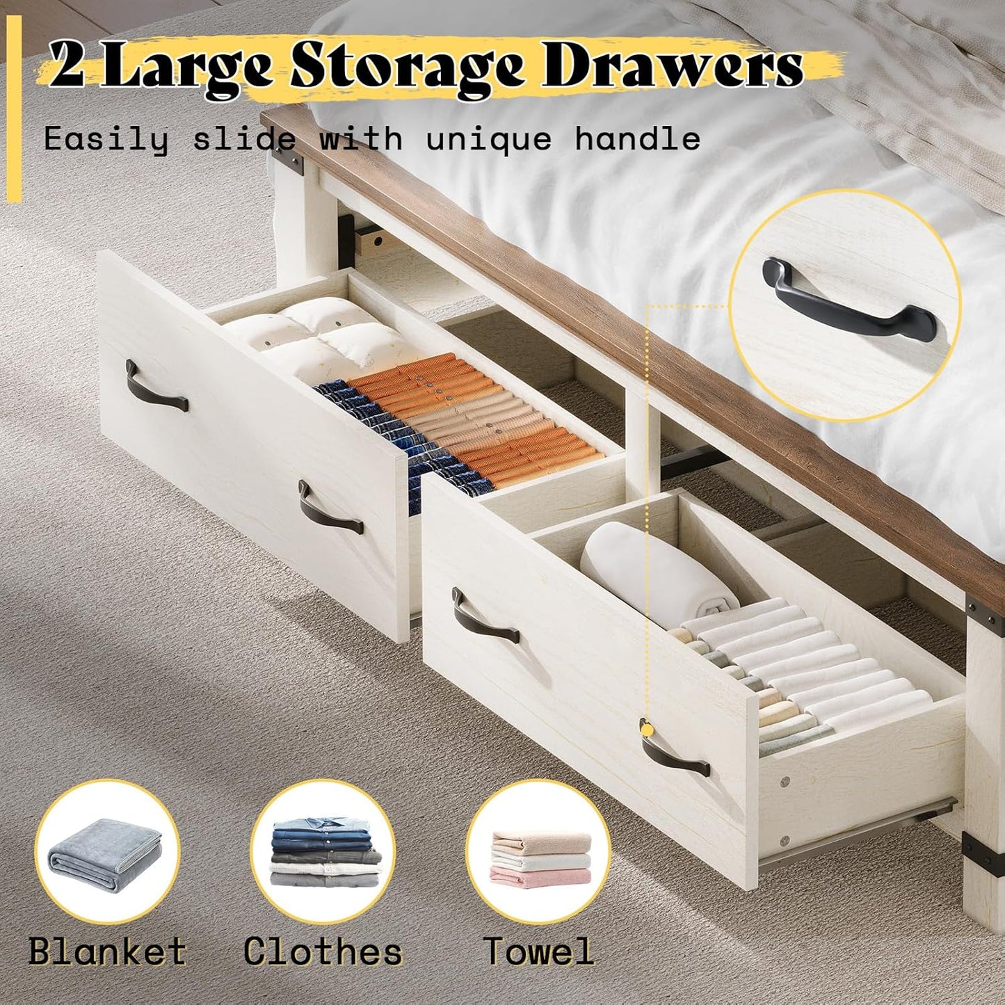 AMERLIFE 2 Pieces Farmhouse Bedroom Set, Includes Wood Rustic Queen Size Bed Frame with 54" Tall Headboard, 48" Tall 5 Drawers Dresser Chest, Heavy Duty Thick Plank Styling, Antique White