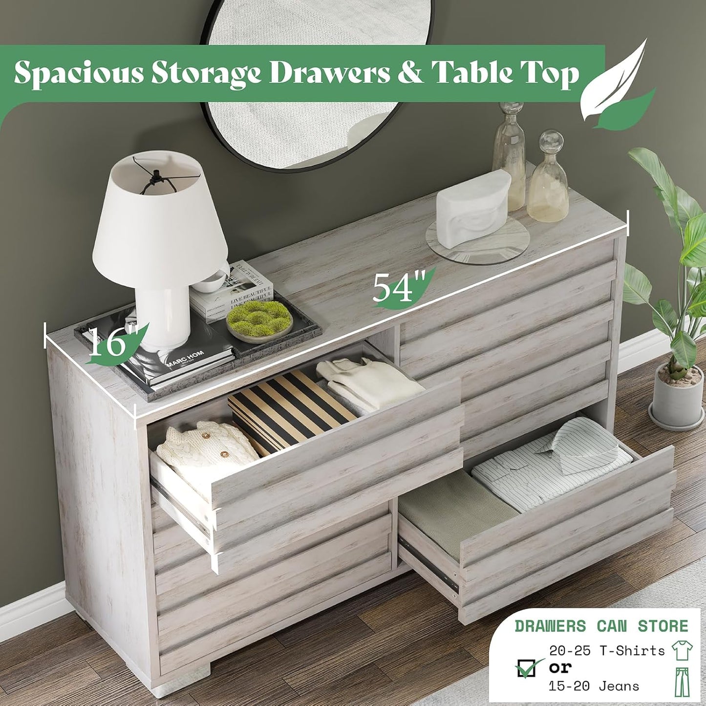 AMERLIFE 2-Piece Farmhouse Bedroom Set, Queen Size Bed Frame and 6 Drawer Dresser, Platform Bed with 49" Fluted Headboard, 54" Wide Wood Chest of Drawer for Bedroom, Distressed White