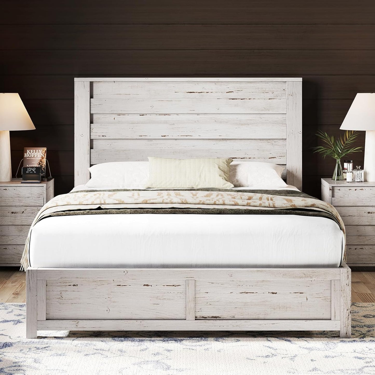 AMERLIFE 2-Piece Farmhouse Bedroom Set, Queen Size Bed Frame and 6 Drawer Dresser, Platform Bed with 49" Fluted Headboard, 54" Wide Wood Chest of Drawer for Bedroom, Distressed White