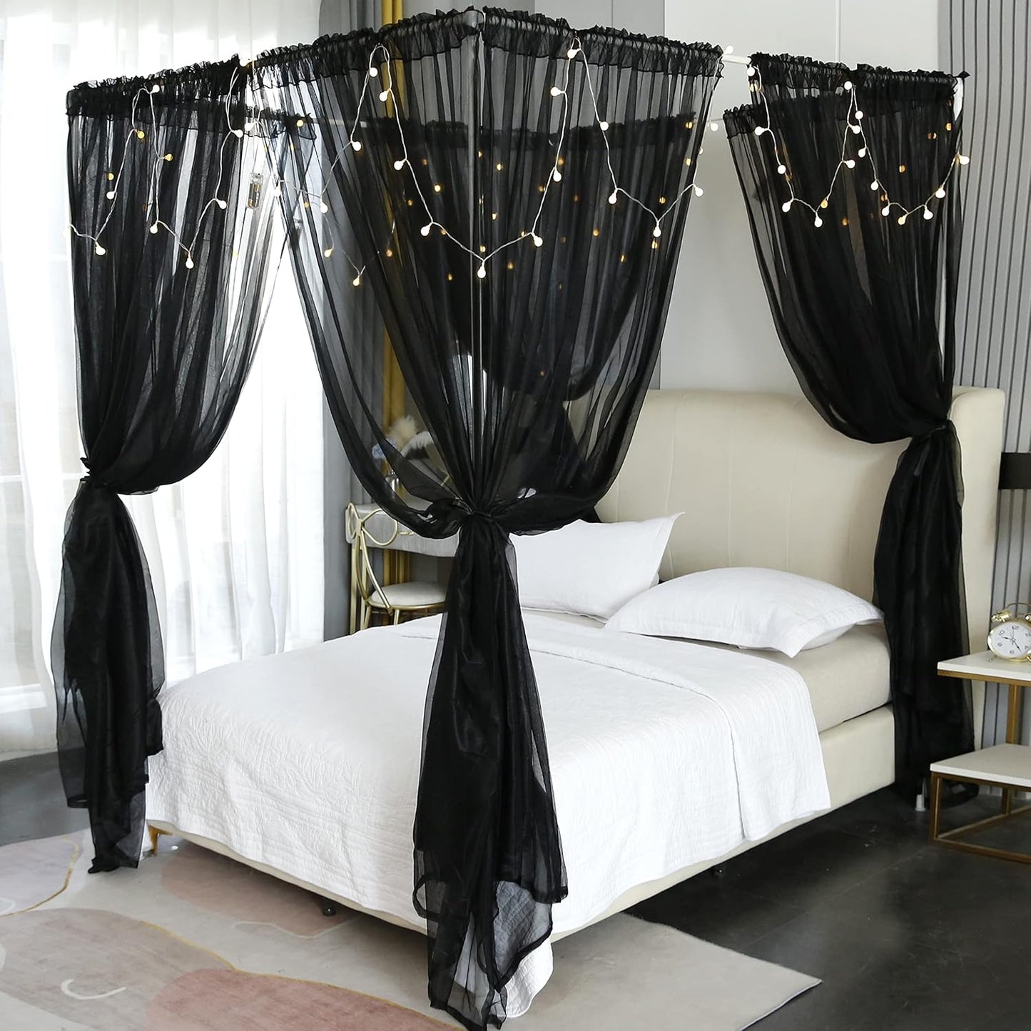 Akiky Canopy for Girls Room Bed Curtains Elegant Sheer Curtain for Twin Full Queen King Size Bed Drapes,8 Panels Canopies with Light,Room Décor(Full/Queen,Black)