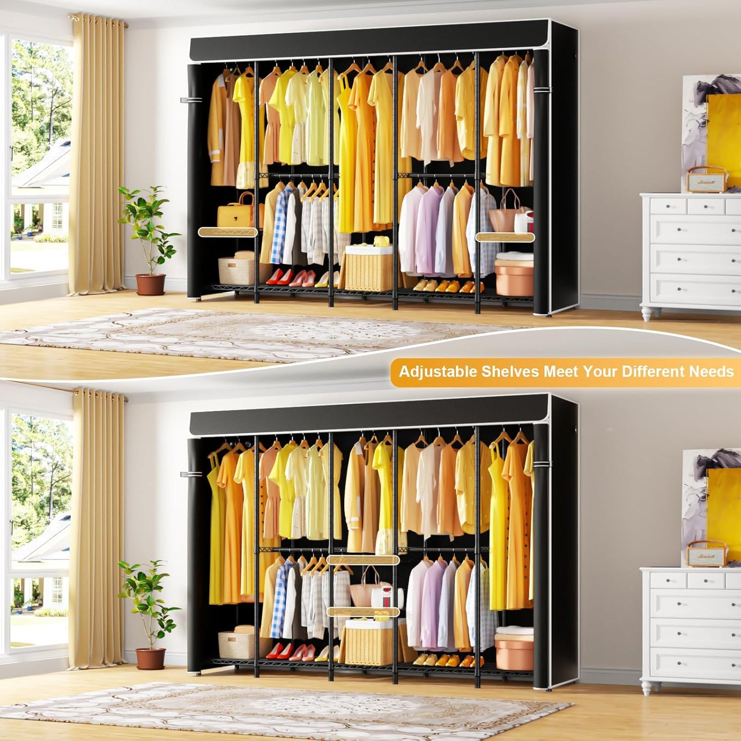 H50C Extra Large Clothes Rack with Cover, Freestanding Portable Closet, Covered Clothing Racks for Hanging Clothes, Heavy Duty Garment Rack, Wardrobe Closet with Black Cover Max Load 1350 Lbs