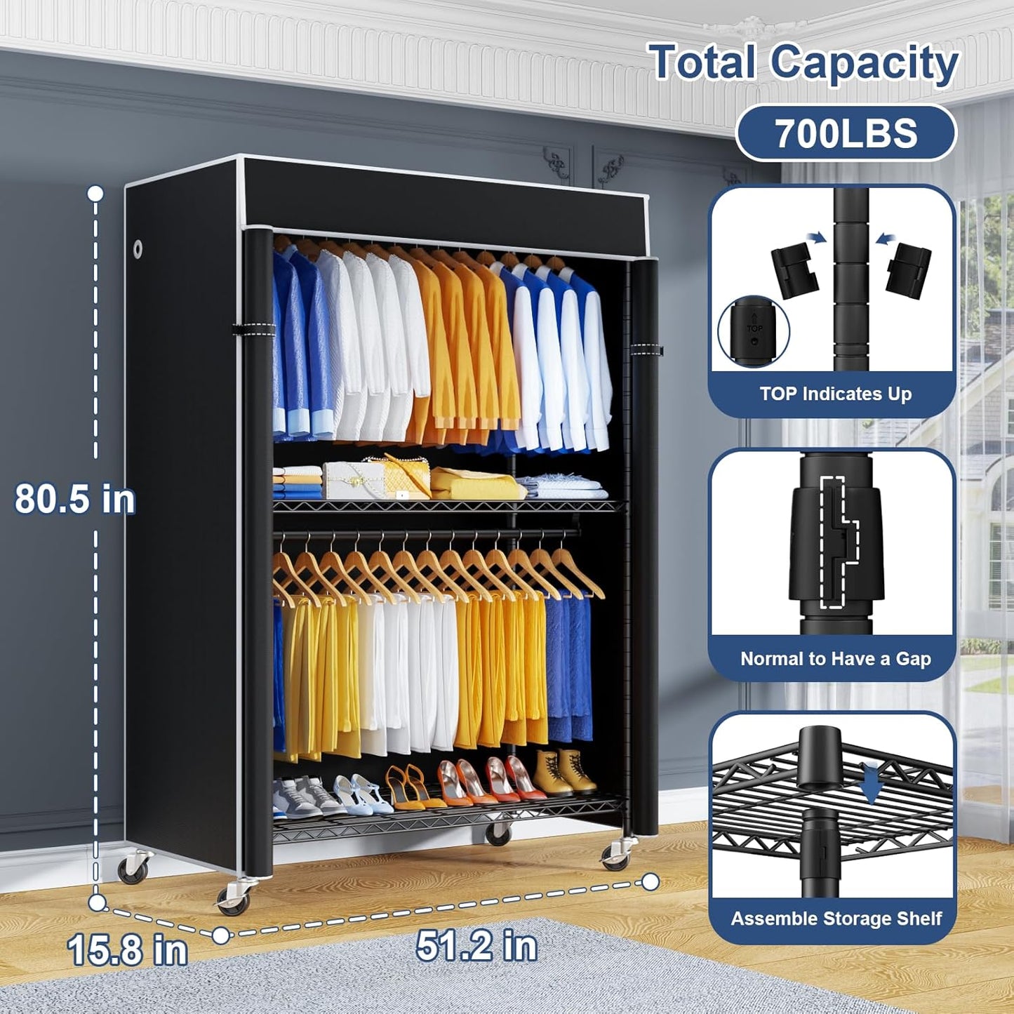 P8C Heavy Duty Clothes Rack(With Extended Width Design) Rolling Clothing Racks for Hanging Clothes with Lockable Wheels,51.2"W x 15.8"D x 80.5"H,Max Load 700LBS,Black Rack with Black Cover