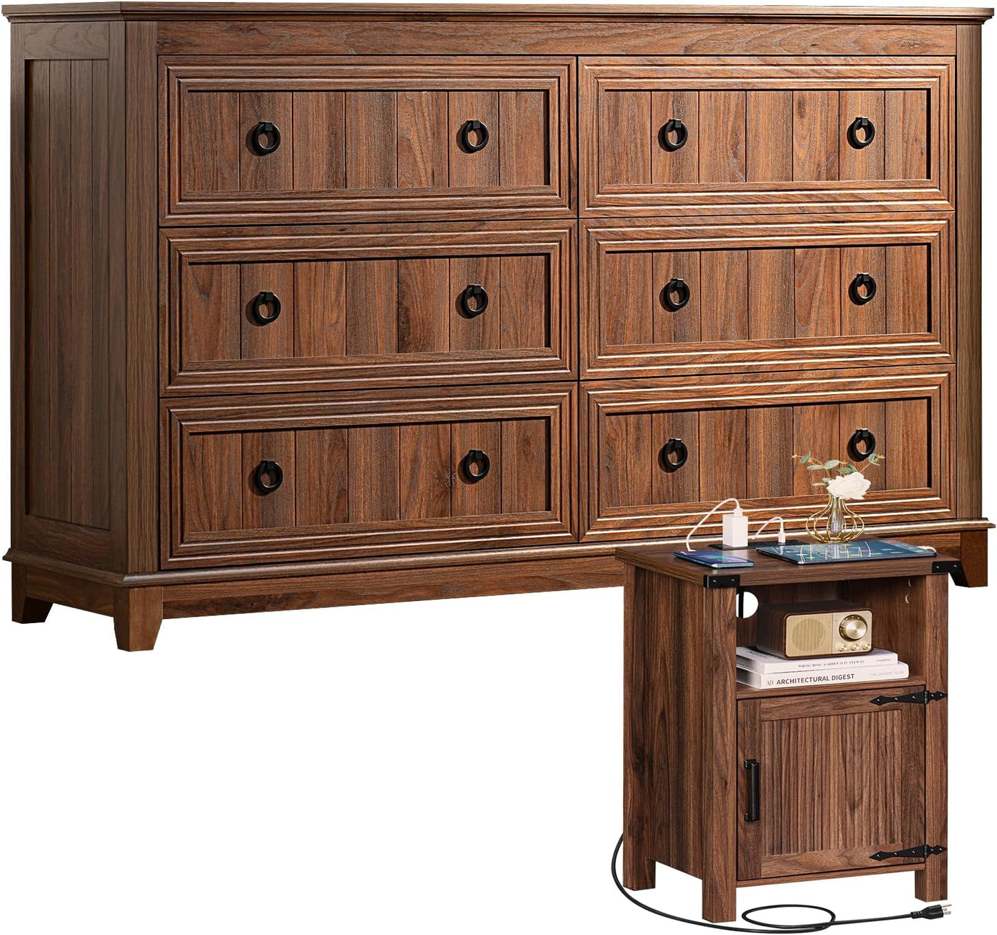 Farmhouse Dresser and Nightstand Sets 3 Piece, Furniture Set 18" Night Stand with Charging Station and 6 Drawers Dressers for Bedroom, 54" Dresser and Nightstand Set for Bedroom, Living Room