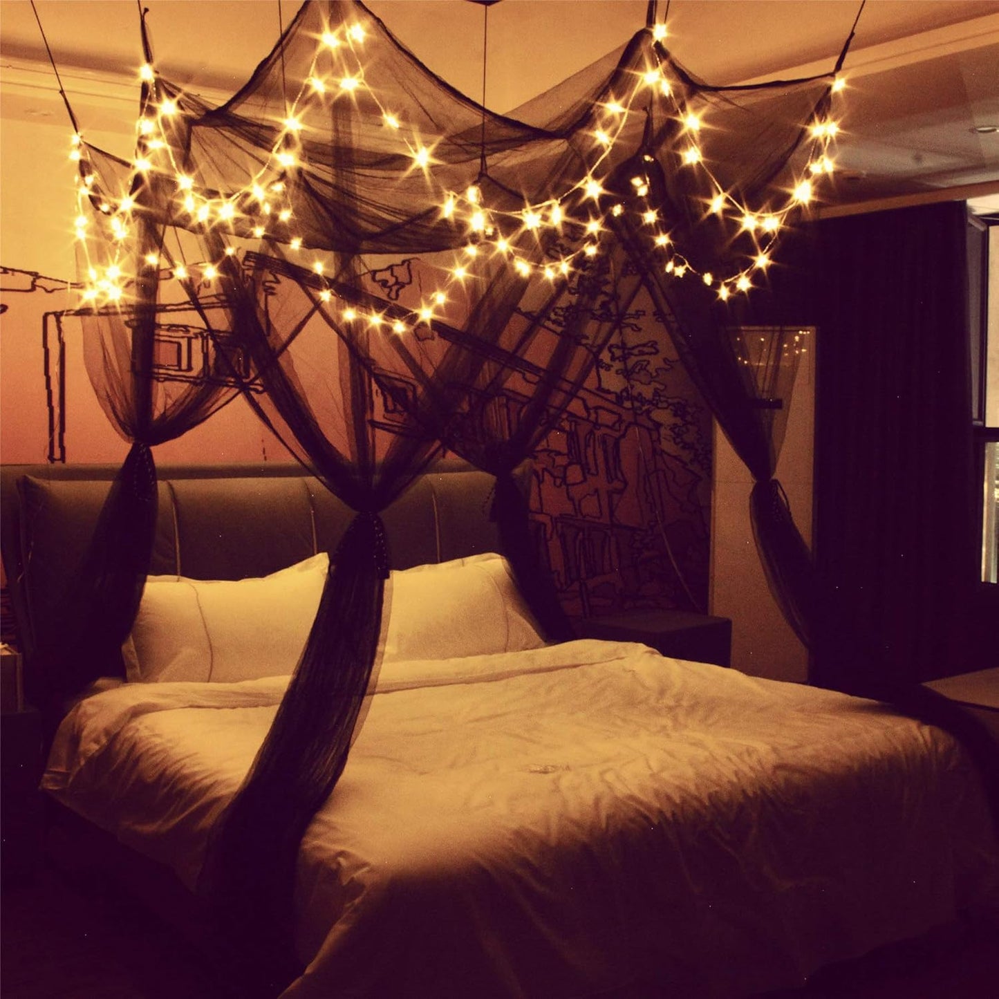 Bed Canopy with LED Star Lights, Canopy Bed Curtain with RGB Color Changing String Lights with Smart App Control Remote for Princess Girls Bedroom, Suggested for Twin Full Queen King Bed
